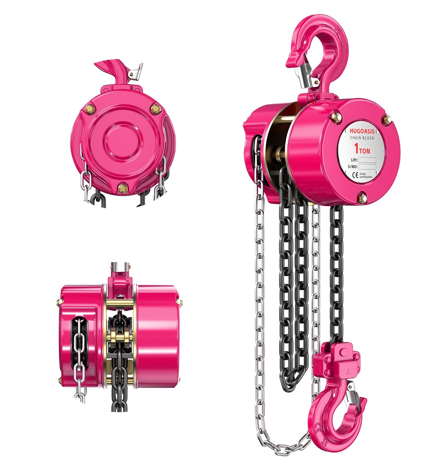 HUGOASIS Manual Chain Hoist 1 Ton 2200 Lbs Capacity 10ft with 2 Heavy Duty Hooks, Chain Fall Block for Warehouse Building Automotive Machinery,Pink