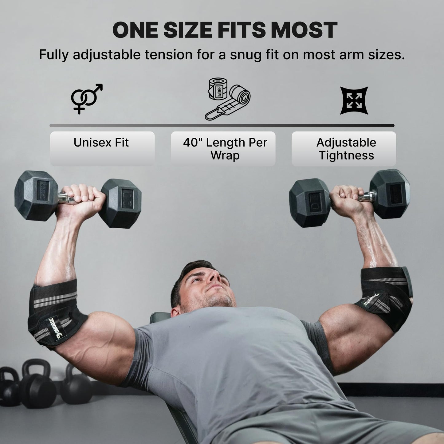 DMoose Fitness Elbow Wraps for Weightlifting (Pair) - 40'' Adjustable Elbow Strap for Gym Workout & Bench Press, Compression Elbow Wraps for Tendonitis & Joint Support, Elbow Sleeve (Black)