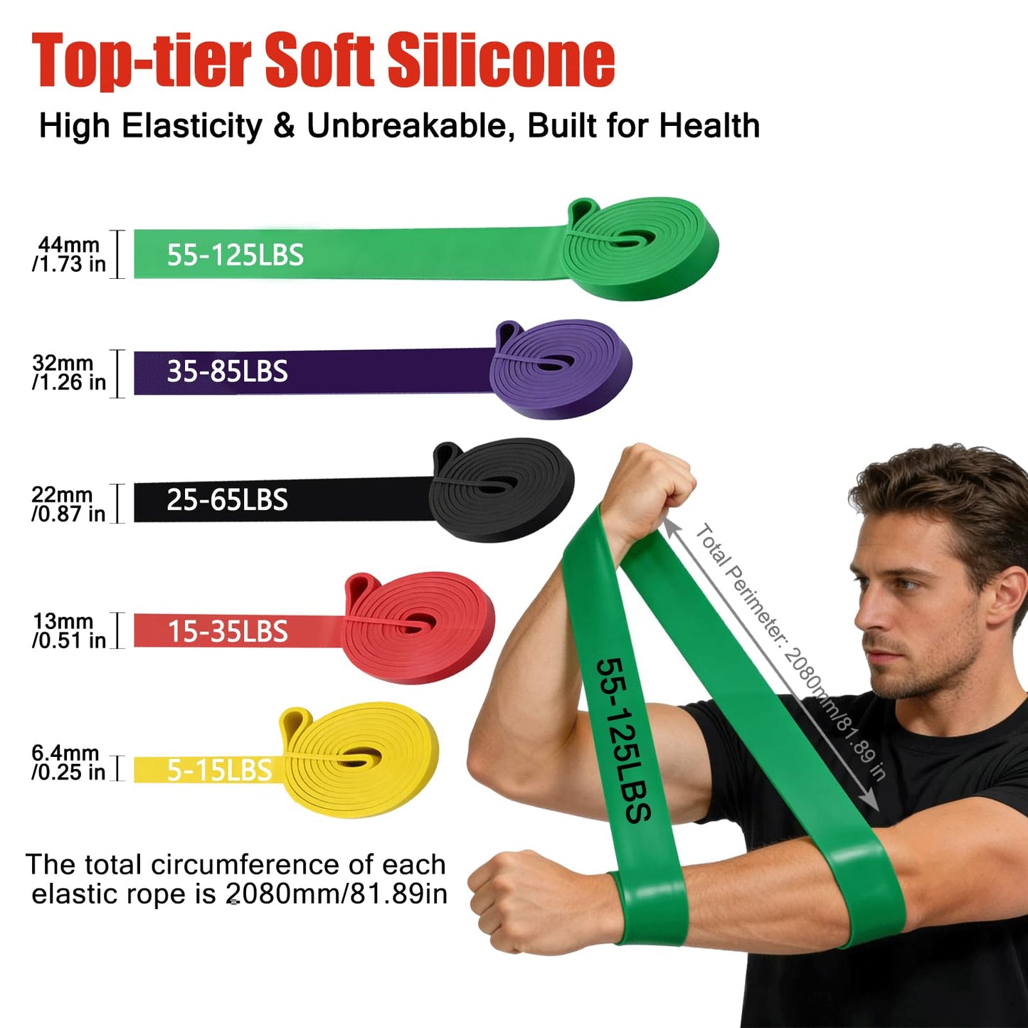 5 Levels Resistance Bands Set, Elastic Silicone Exercise Bands for Pull Up Assistance, Physical Therapy Stretching Training, Home Gym for Women Men