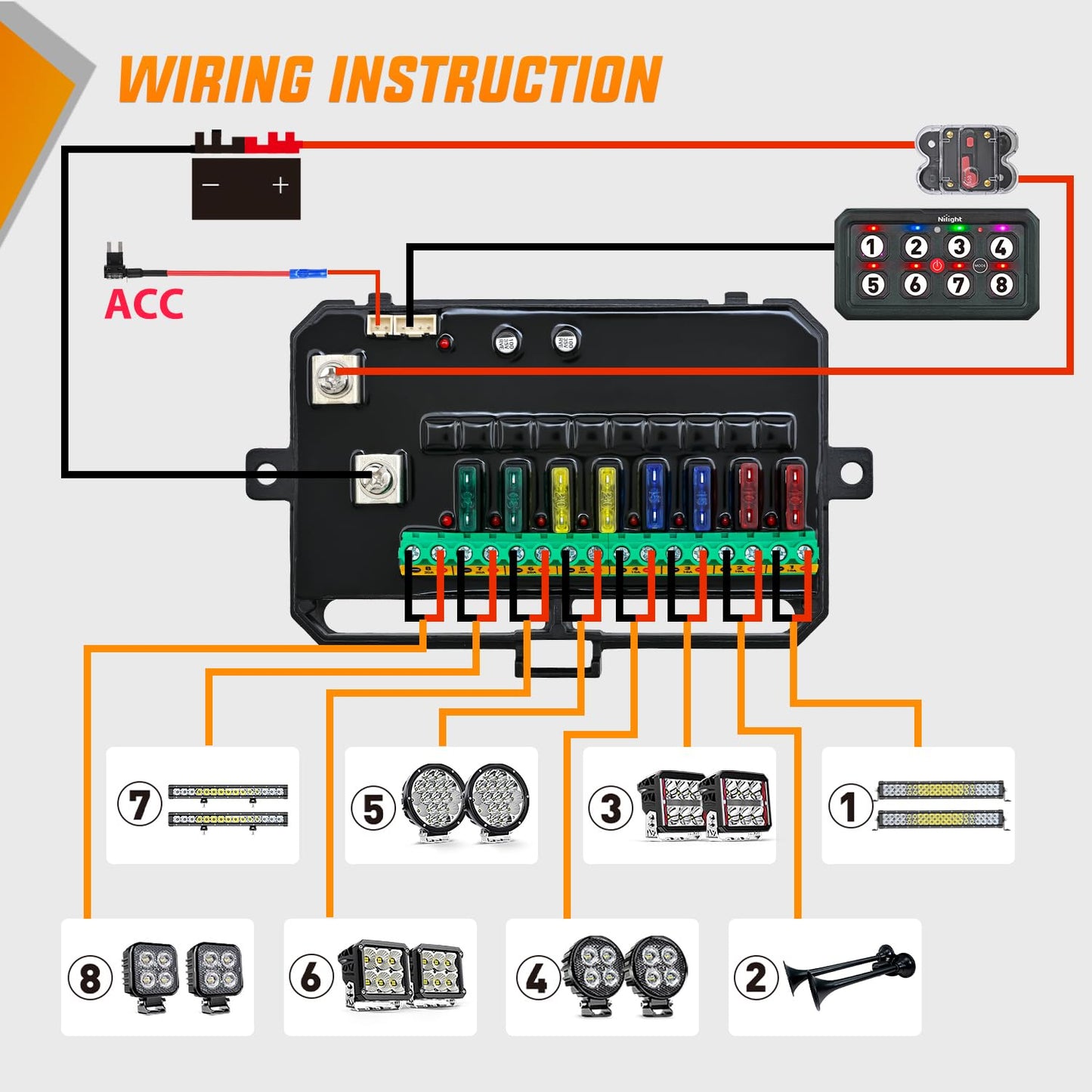 Nilight 8 Gang Switch Panel Red Circuit Control Relay System with Fuse Wiring Harness Toggle Momentary Strobe Flash Modes Automatic Dimmable ON Off Pod 12V 24V for Car Truck Camper SUV