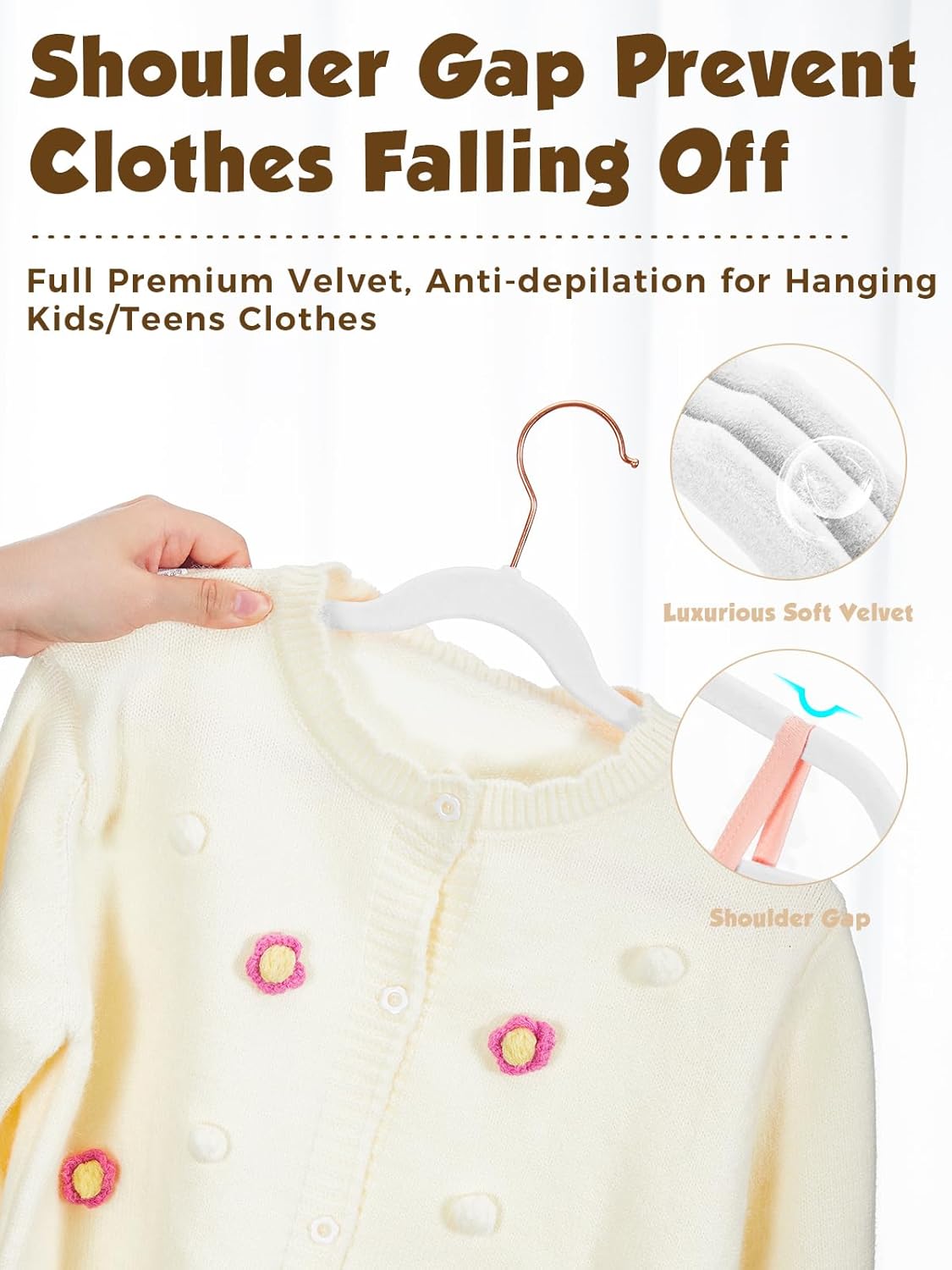 Smartor Kids Velvet Hangers - 50 Pack Premium Non-Slip Felt Hangers for Toddler Clothes | 14 Inch, White with Rose Gold Hook