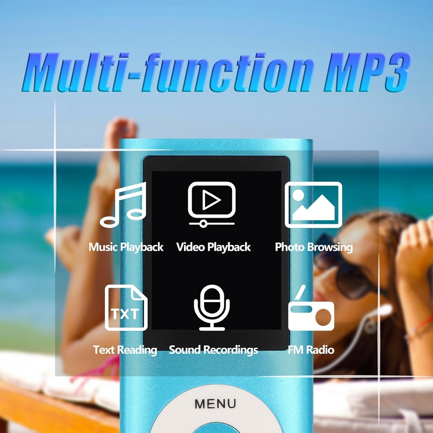 Luqeeg MP3 MP3 1.8 Inch 64GB Player, Portable Lossless Sound Slim Music Player with Earphone, LCD Screen Digital Music