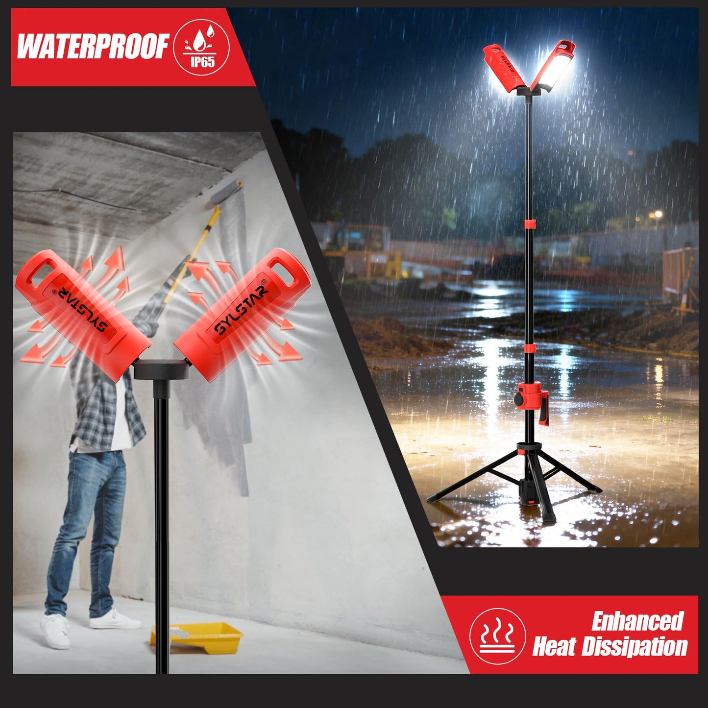 SYLSTAR Hybrid Powered LED Work Light with Tripod, 12000 Lumens Corded & Rechargeable Battery Work Light, 7.4ft Aluminum Telescopic Stand, 3 Brightness Levels, IP65, Dual Head, Portable Job Site Light