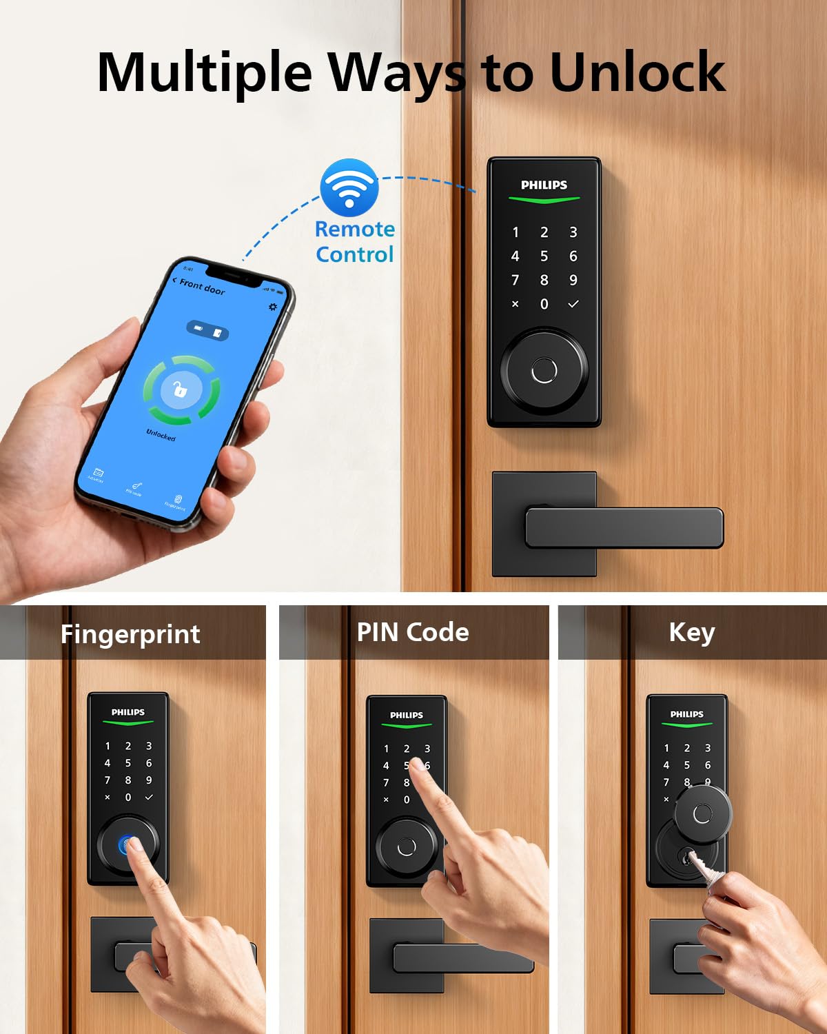 Philips Built-in WiFi Smart Lock, Keyless Entry Door Lock with App, Touchscreen, Fingerprint Door Lock — Compatible with Alexa & Google, Splash-Proof Design, Includes 8 Batteries, Black