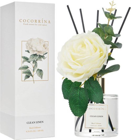 Cocorrína Reed Diffuser - Clean Linen 6.7oz Scented Home Fragrance with Sticks | Elegant Bathroom Decor