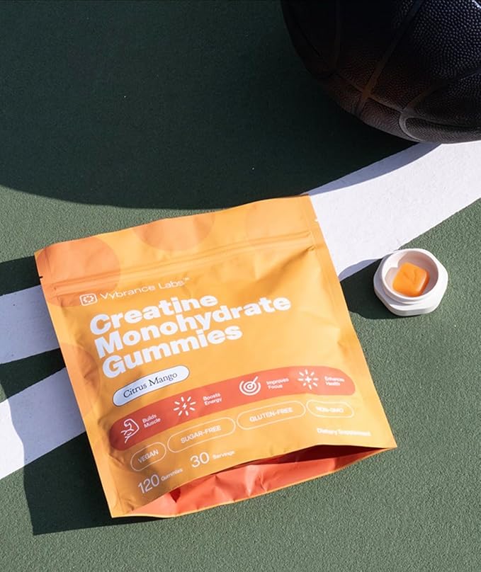 Creatine Gummies 5g Monohydrate + Taurine & B12 - Sugar-Free, Vegan, Gluten-Free - Citrus Mango - 120 Count (30 Servings) for Strength, Energy & Focus