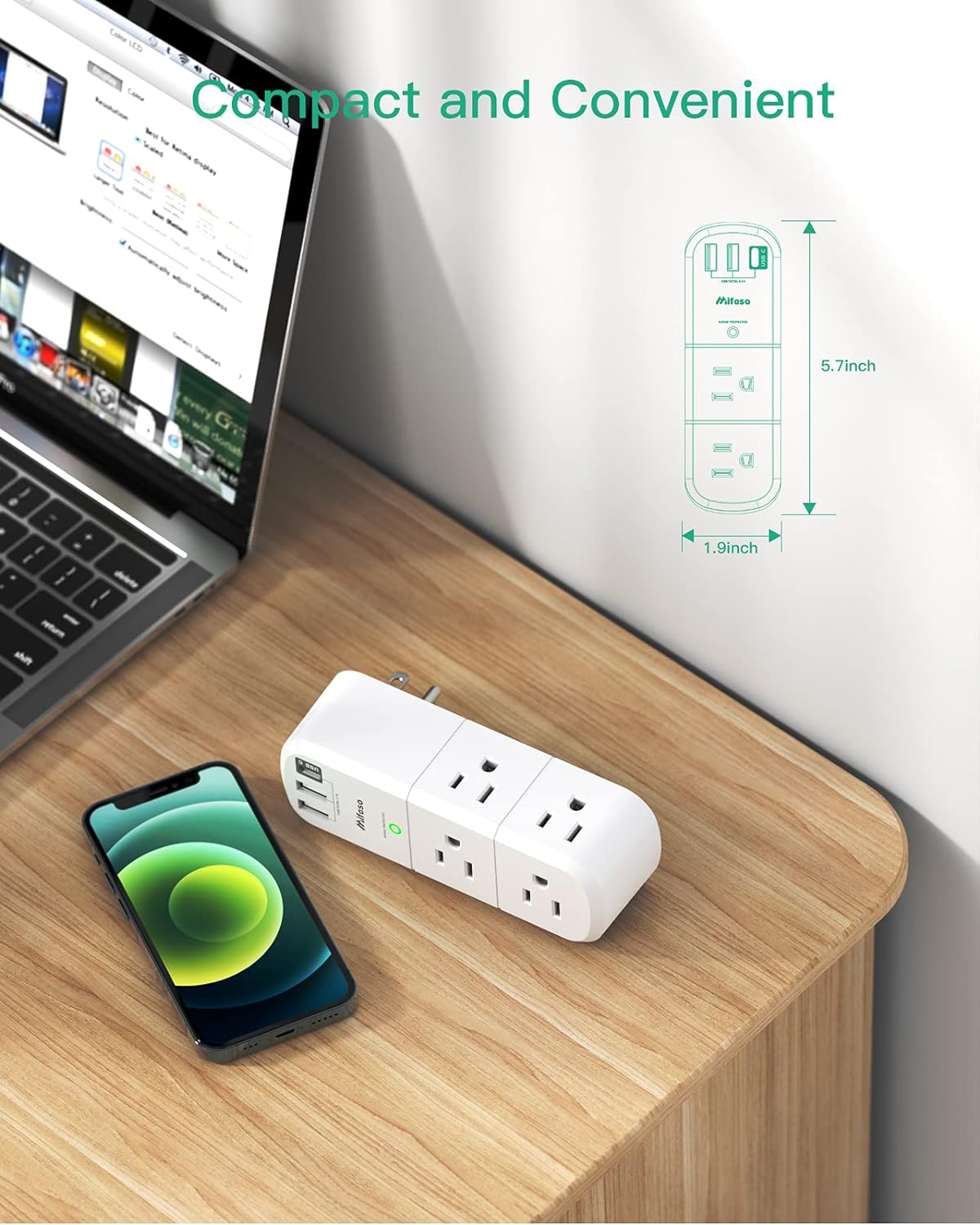 Mifaso 6 3 1800 3-Sided Outlet Extender with Rotating Plug, Surge Protector AC Multi Plug Wall Outlets and USB Ports
