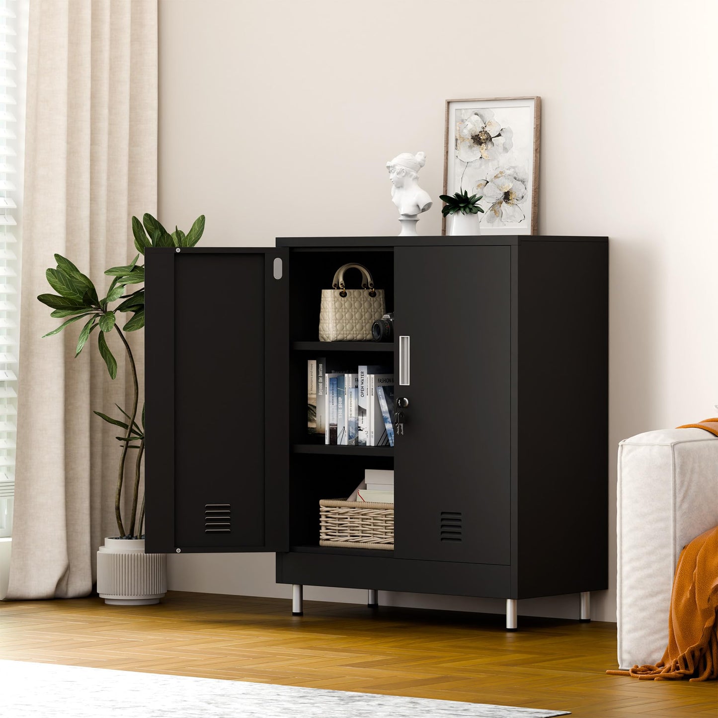 JINGUR Metal Storage Cabinet with Locking Doors and 2 Adjustable Shelves, Lockable Storage Cabinet for Home Office Garage Pantry Living Room (Black)