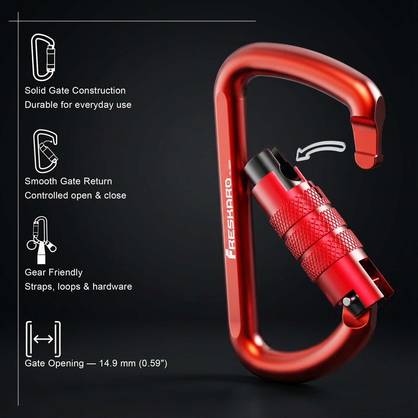 FresKaro 3inch Auto Locking Carabiner Clips, Solid D Shape Style, Heavy Duty Keychain Aluminum Carabiner - Holds a Maximum of 2698lbs, Lightweight 1.09oz, for Hammock, Hiking, Dog Leash, 3pack, Red