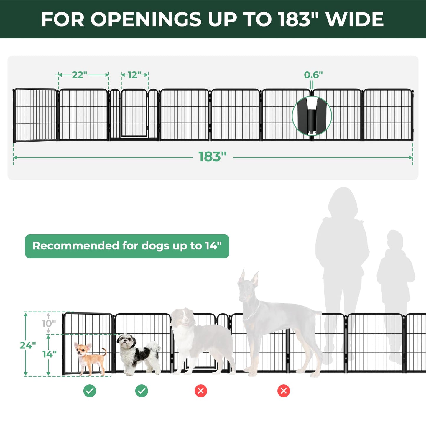 FXW Dog Gate Extra Wide Designed for Indoor Use, Adjustable Width Up to 183-inch Wide (24" H 8 Wire Panels for Puppies and Small Dogs), Black