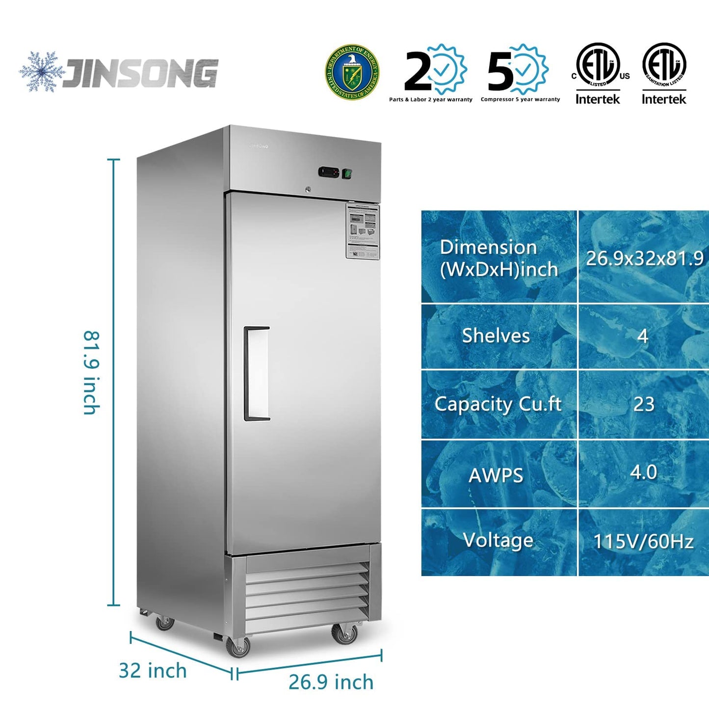 JINSONG 27" Commercial Freezer with Single Solid Door, 23 cu.ft Stainless Steel Reach-in Freezer for Restaurant, Bar, Shop, Residential, with 4 Shelves and 4 wheels