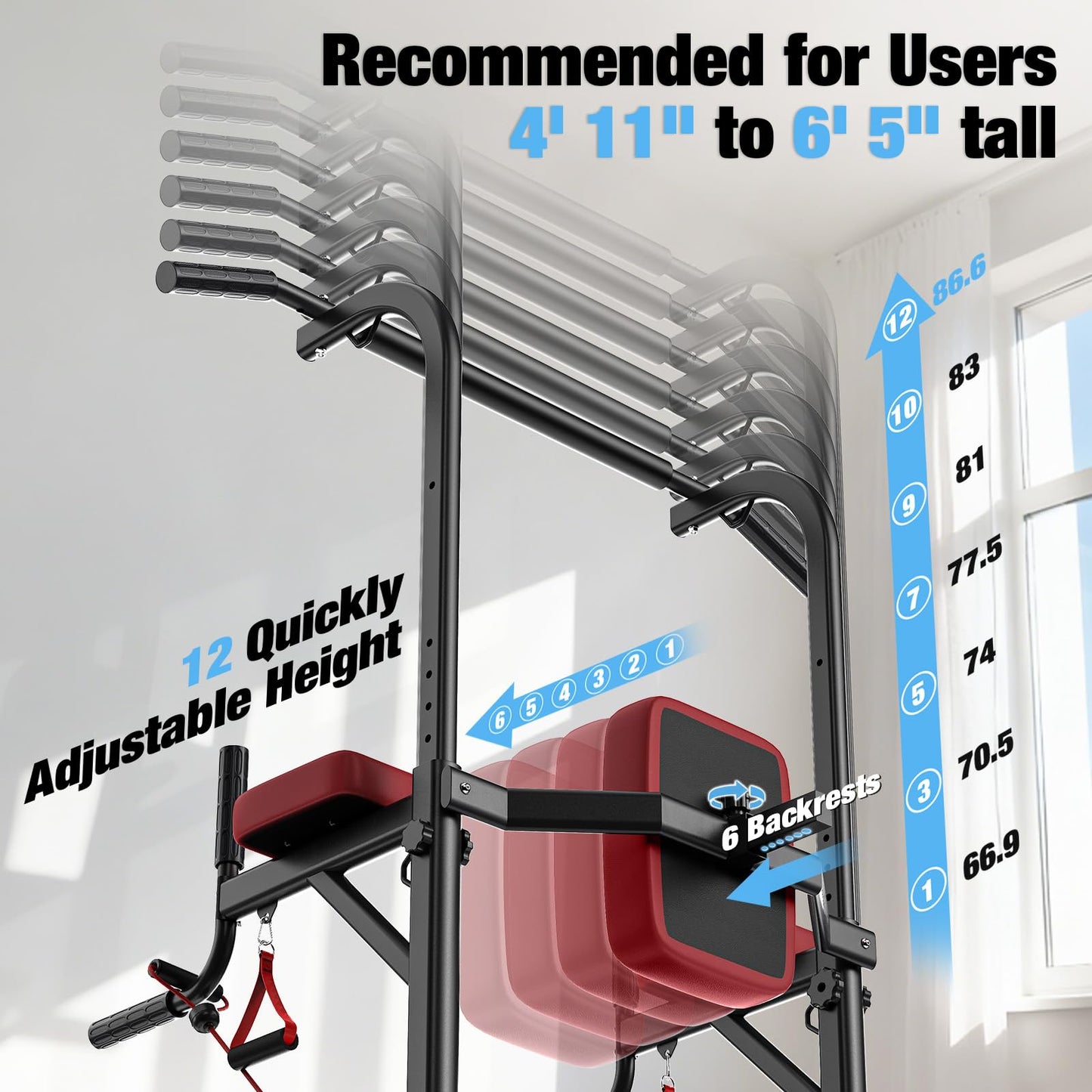 Dskeuzeew Pull Up Bar Free Standing for Multi-Function Home Gym Strength, Pull Up Dip Station Assistive Trainer Height Adjustable with Elastic Ropes, Power Tower Training Heavy-Duty Fitness Equipment