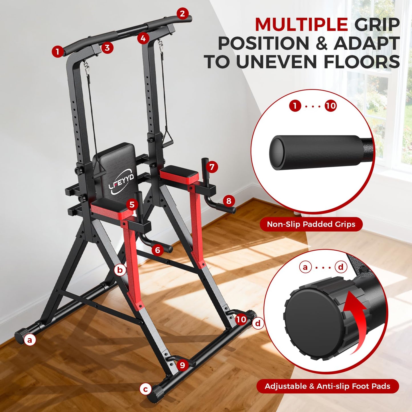Power Tower Pull Up Bar Free Standing,13-Level Adjustable Height Dip Station with X Frame Stability, Multi-Grip Handles,Backrest，Home Gym Strength Training Equipment 400LBS Capacity