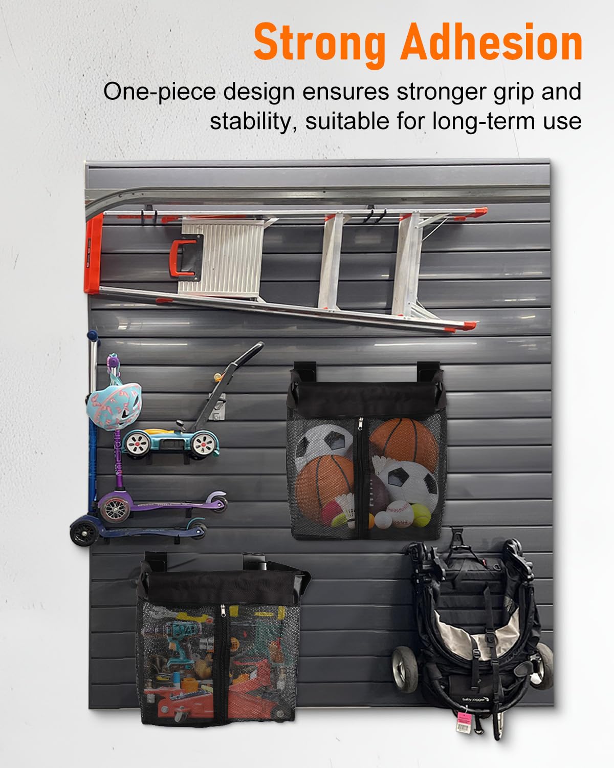 ZORUNNA 2PCS Slatwall Basket with Zipper, 6 PCS Heavy Duty Hooks, 16x15x11 Inch Slatwall Accessories, Easy to Install Garage Storage Mesh Basket for Shop Gym Toy Display Storage.