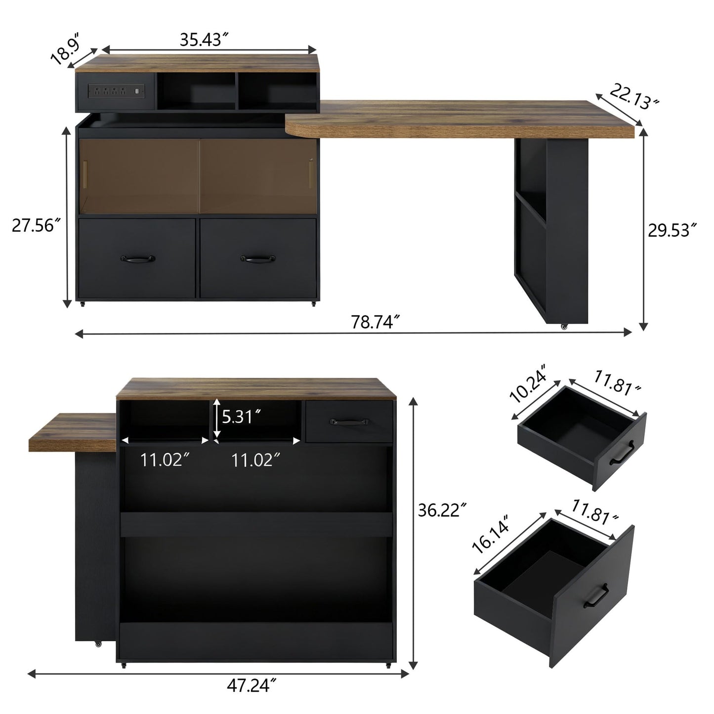 Kitchen Island with Extendable Table,Rolling Kitchen Table with Storage & Seating,Built in Power Outlet, Kitchen Island with Lockable Wheels for Kitchen Island Table with Drawers Rotatable Table Black