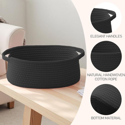 JMvicyroam Woven Basket - Small Rope Storage Bin with Handles | Versatile Organizer for Shelves & Closets - Black