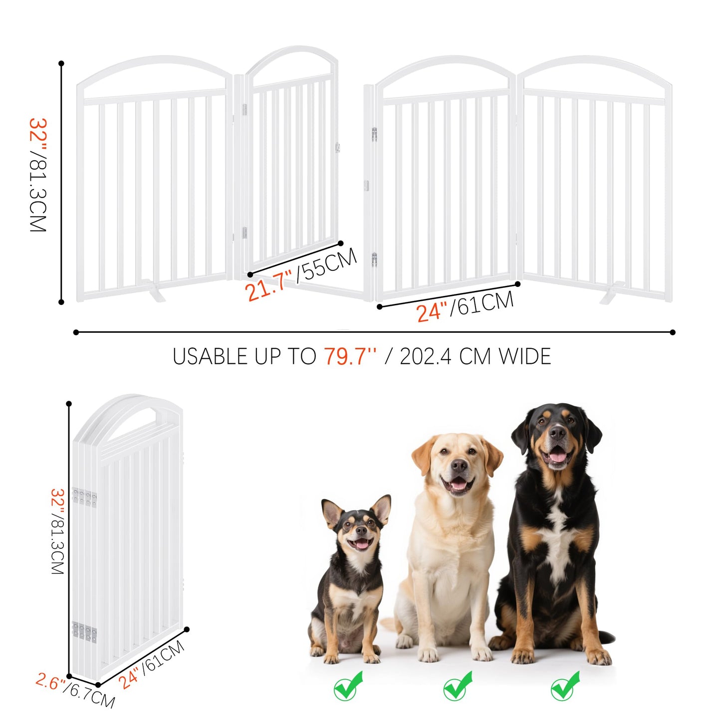 THKKY Folding No-Assembly Freestanding Dog Gate with Door,32" Heights Foldable Pet Fence,96" Extra Wide Accordion Puppy Folding Playpen for Doorways,House,Stairs (4 Panels,White)