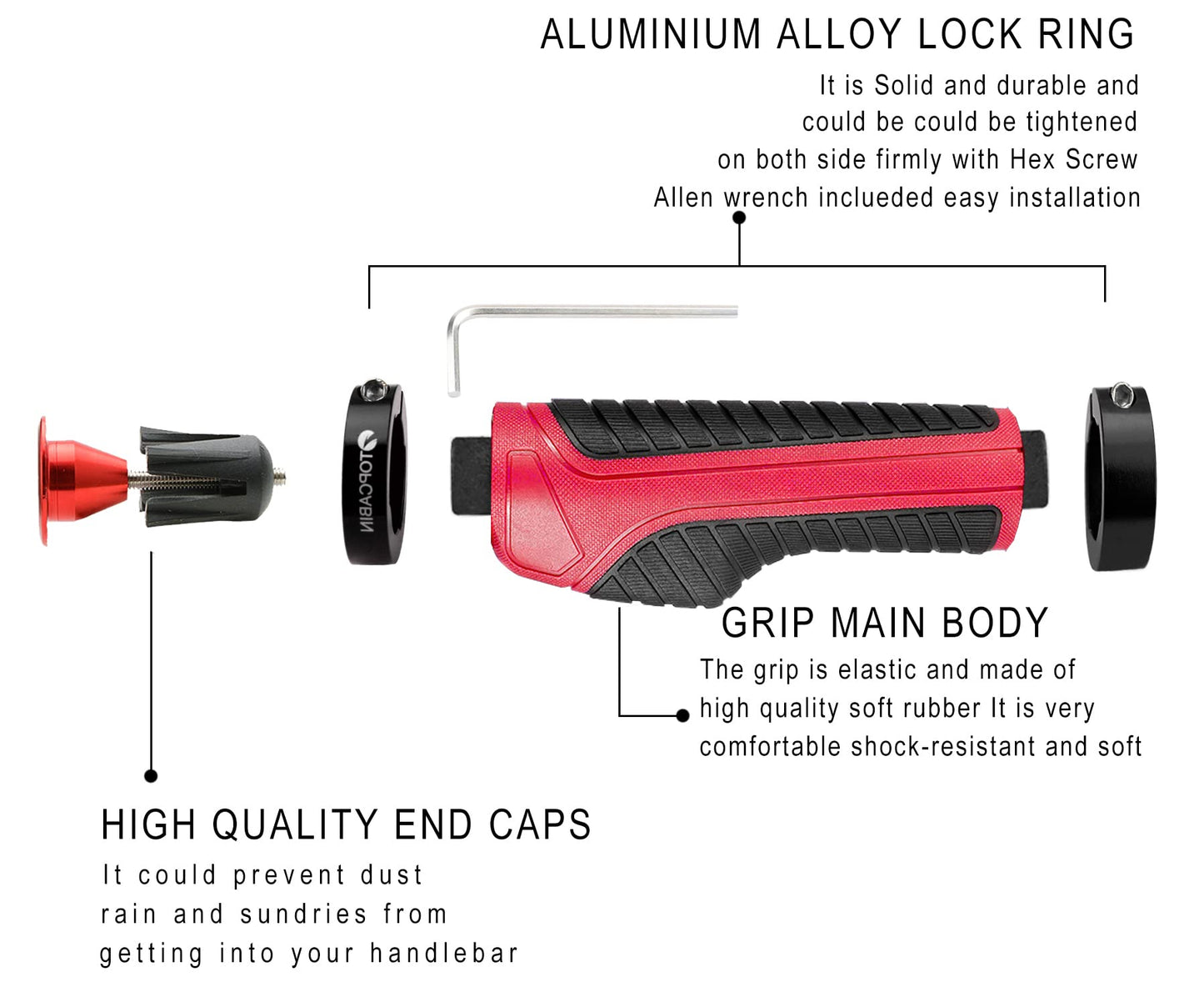 TOPCABIN Ergonomic Bicycle Grips - Widen Holding Rubber Handlebar Grips with Aluminum LockGrips for Mountain & Road Bikes (Knife Style, Red/Black Aluminum Lock Plug, 1 Pair)