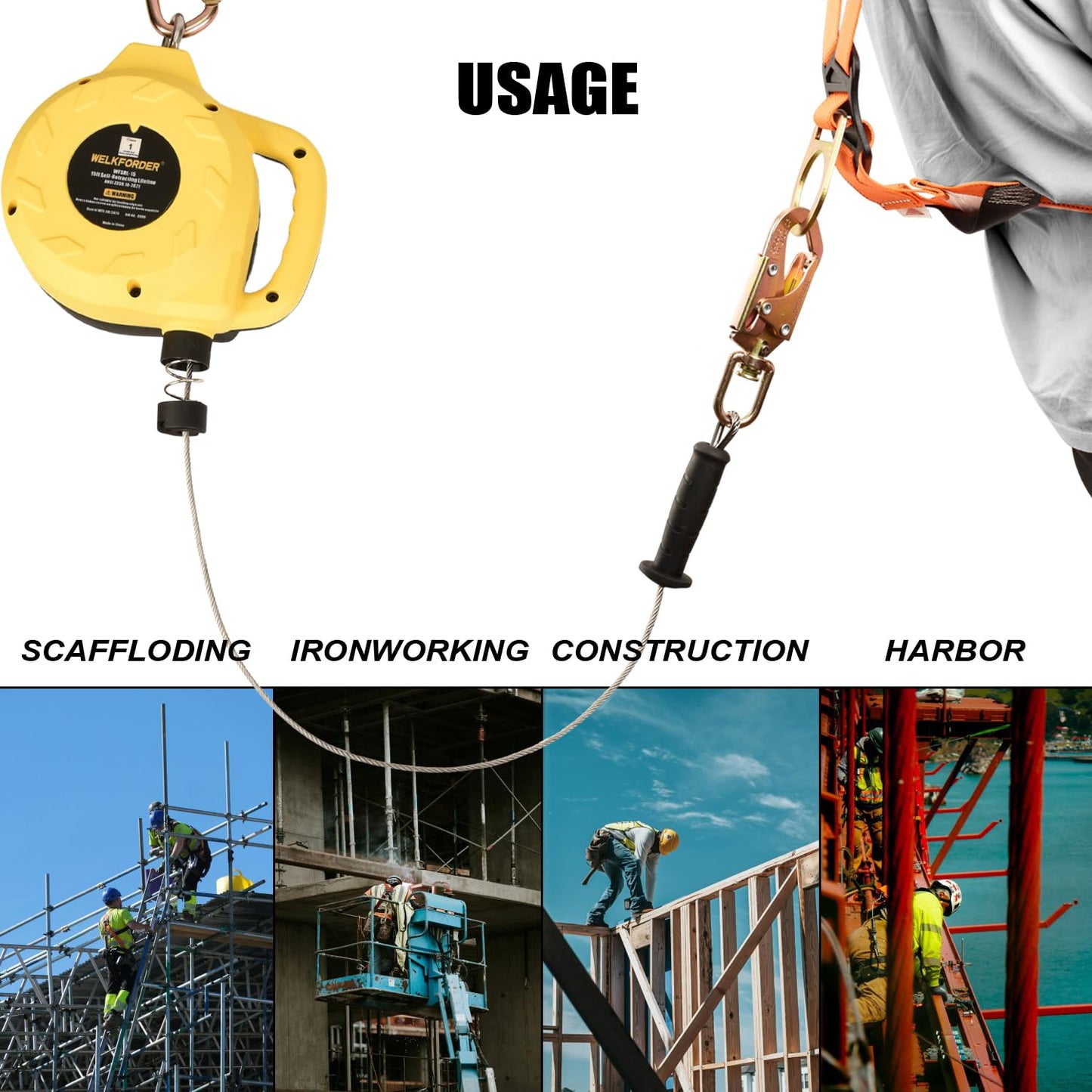 WELKFORDER Single Leg Self-Retracting Lifeline [Steel Cable] Internal Shock Absorber System Class 1 Retractable Lanyard with Quick-Action Brake ANSI&OSHA Compliant (15FT)