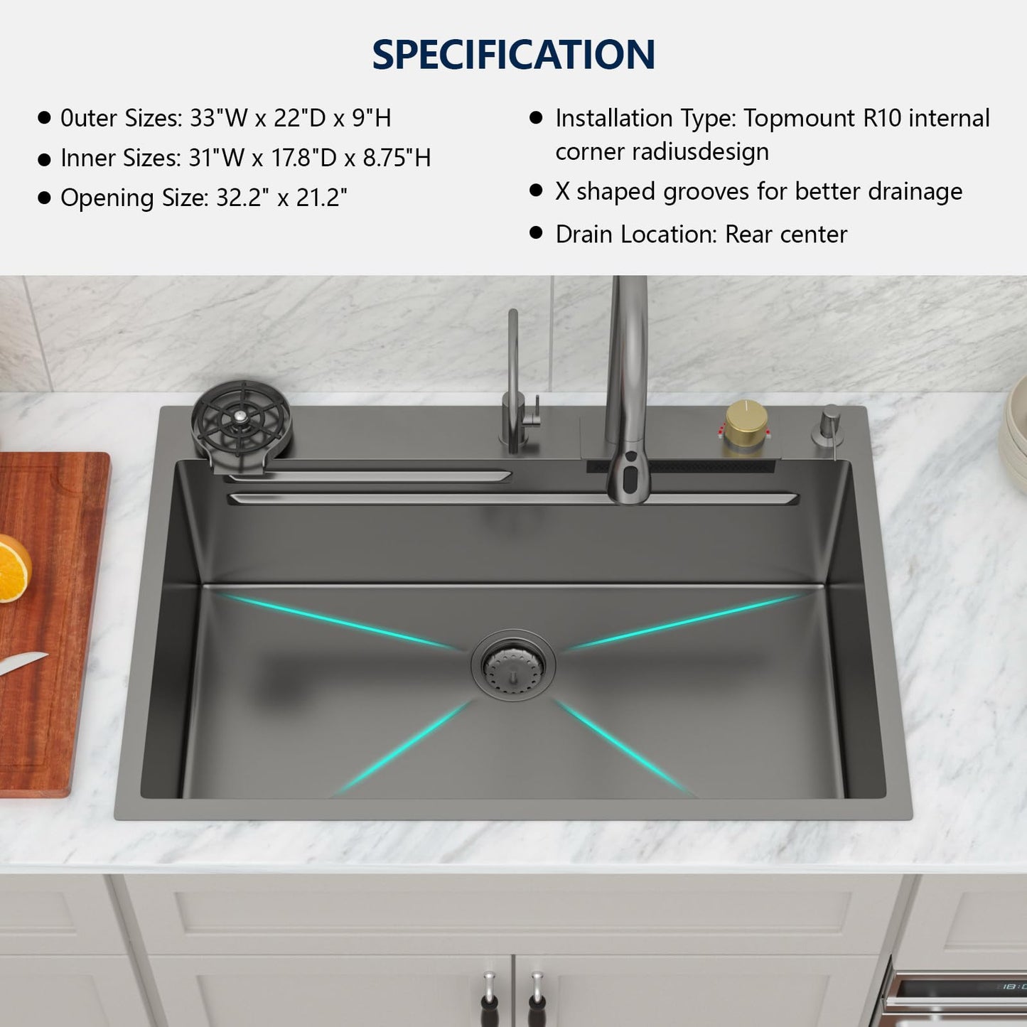 Logmey 33x22 Waterfall Kitchen Sink,Gunmetal Black Nano PVD Drop in Workstation Single Bowl,16 Gauge Anti-Scratch Anti-Rust Stainless Steel Sink with Faucet for Kitchen Remodel Food Prep & Dishwashing