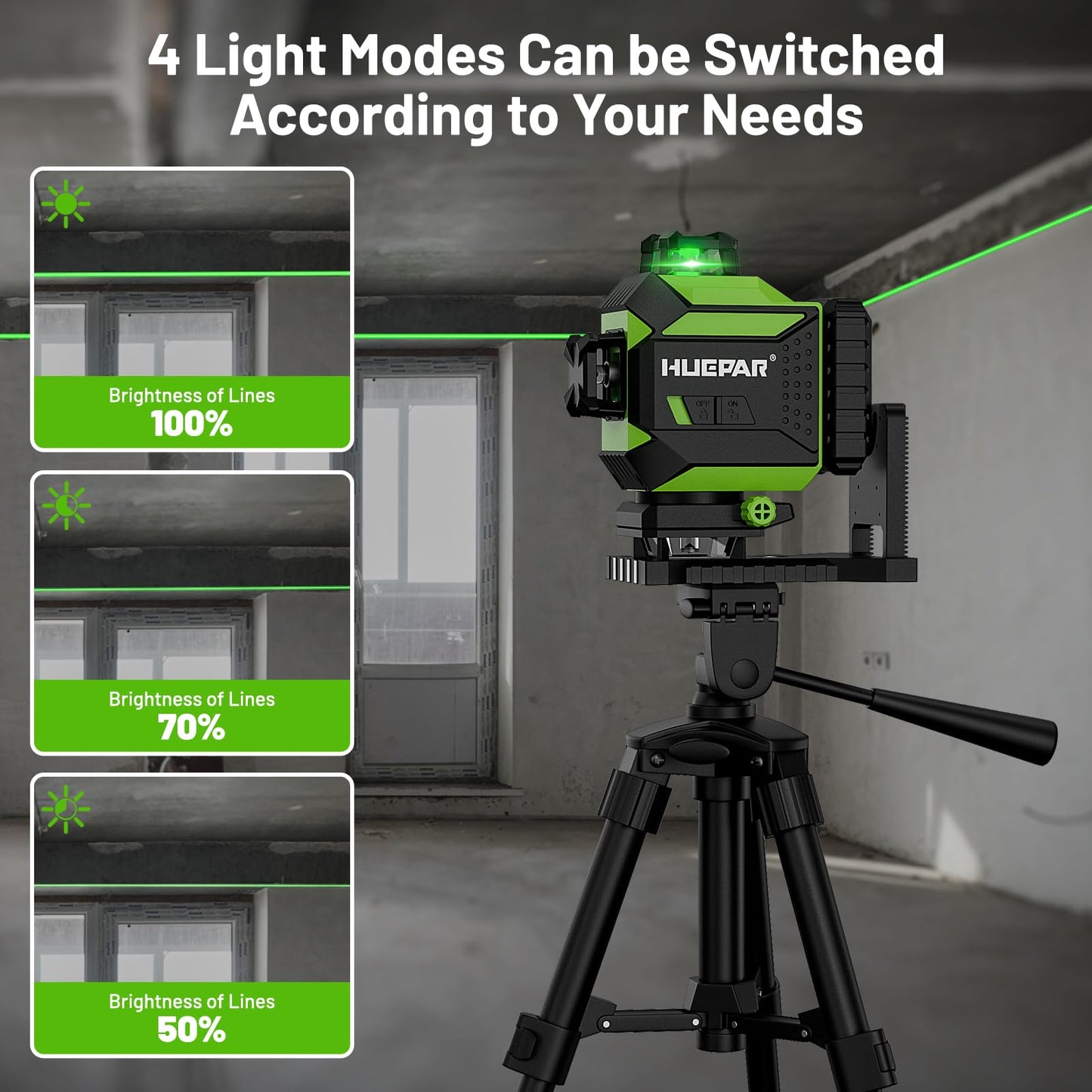 Huepar 4 x 360 Laser Level Self-leveling 4D Green Beam Cross Line 16 Lines Tiling Floor Laser Tool - 2 x 360 Horizontal/Vertical Laser Lines -rechargeable & Integrated Magnetic Bracket 704CG