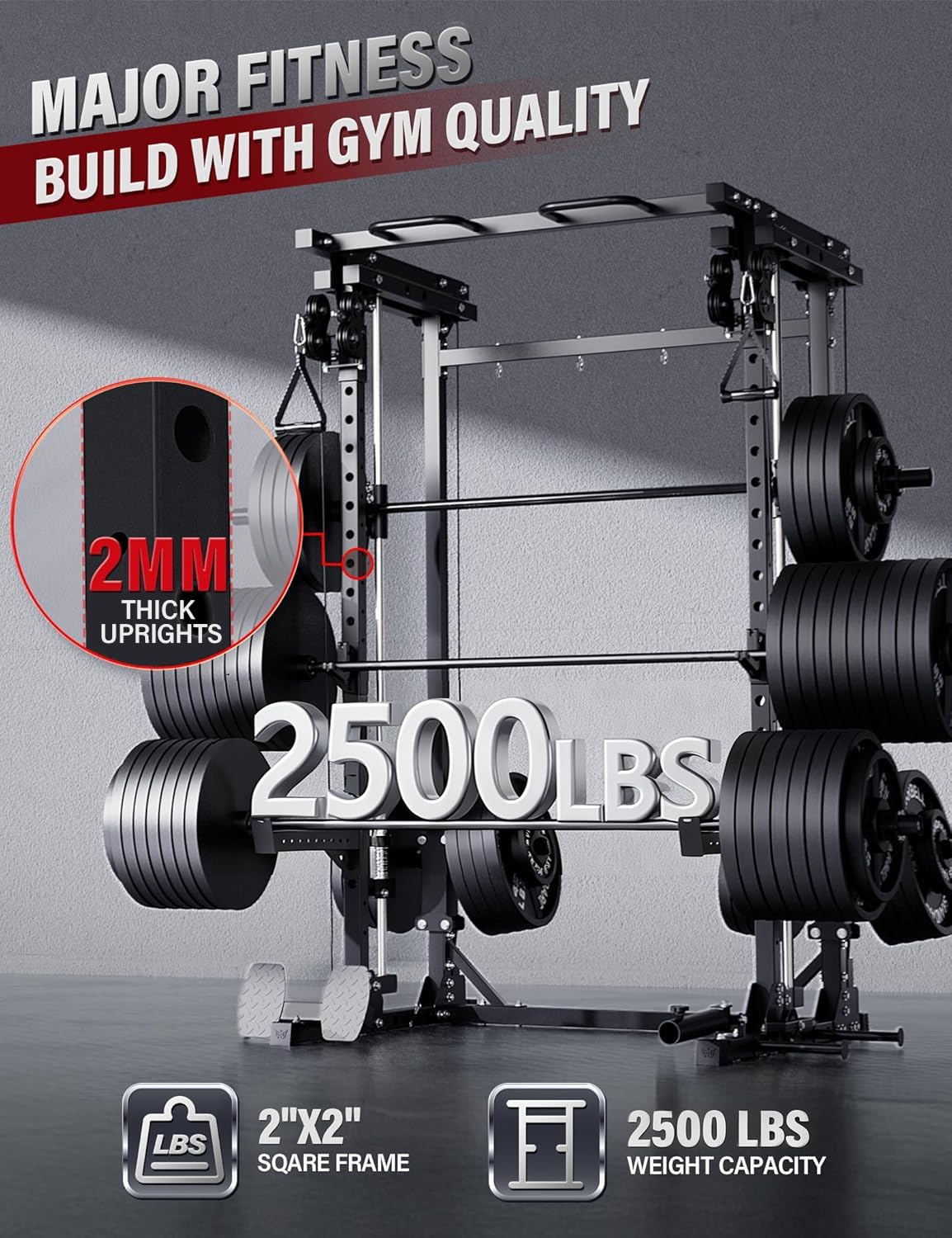 Major Fitness Drone3 Smith Machine with Weight Bench, All-in-One Home Gym Squat Rack with Cable Crossover & Pull-Up Station, Heavy-Duty Full-Body Workout for Strength Training, Black