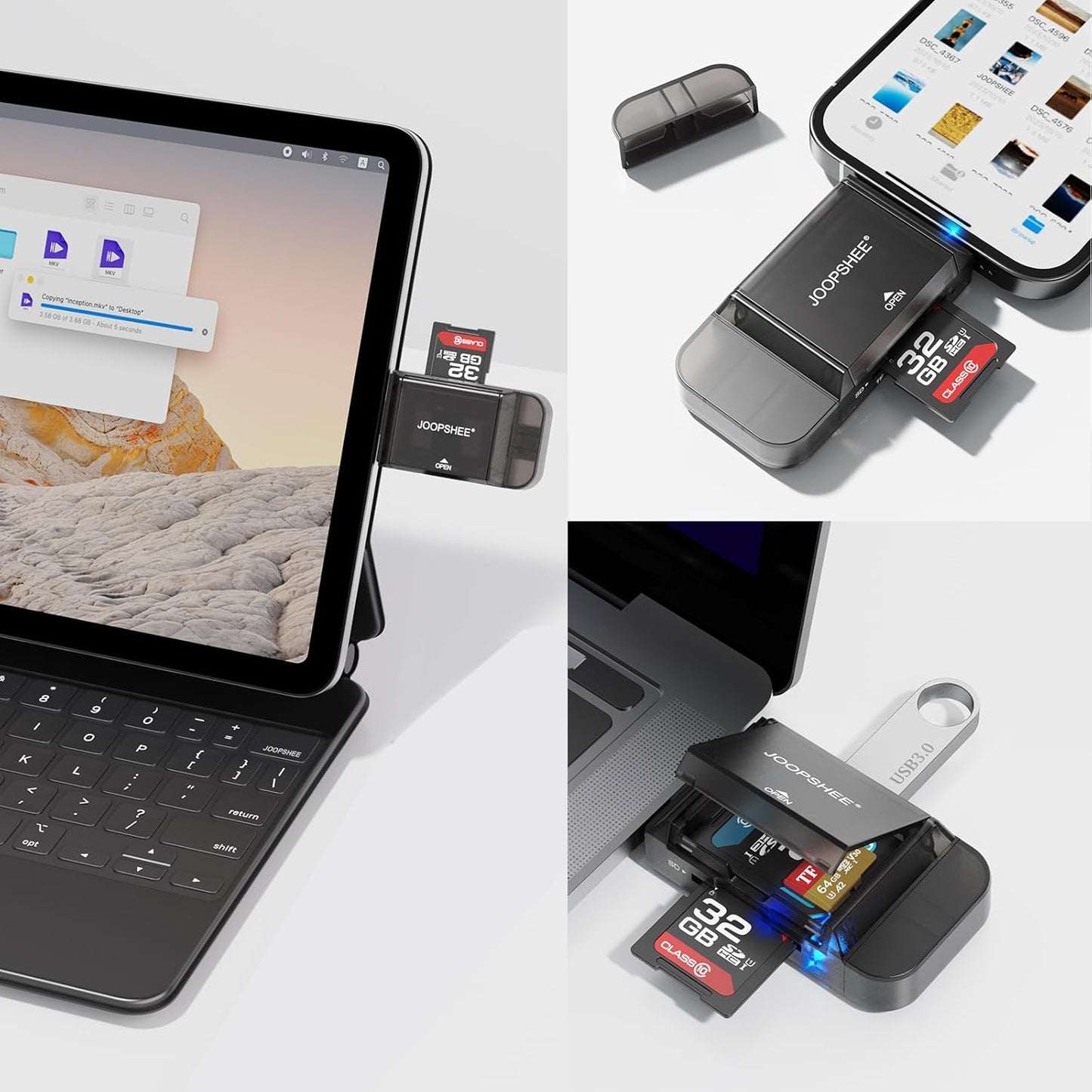 JOOPSHEE 6-in-1 3.0 SD/SDHC/SDXC/MMC SD/TF Card Reader Adapter with SD Card Storage USB A & Type C Port & USB Slots