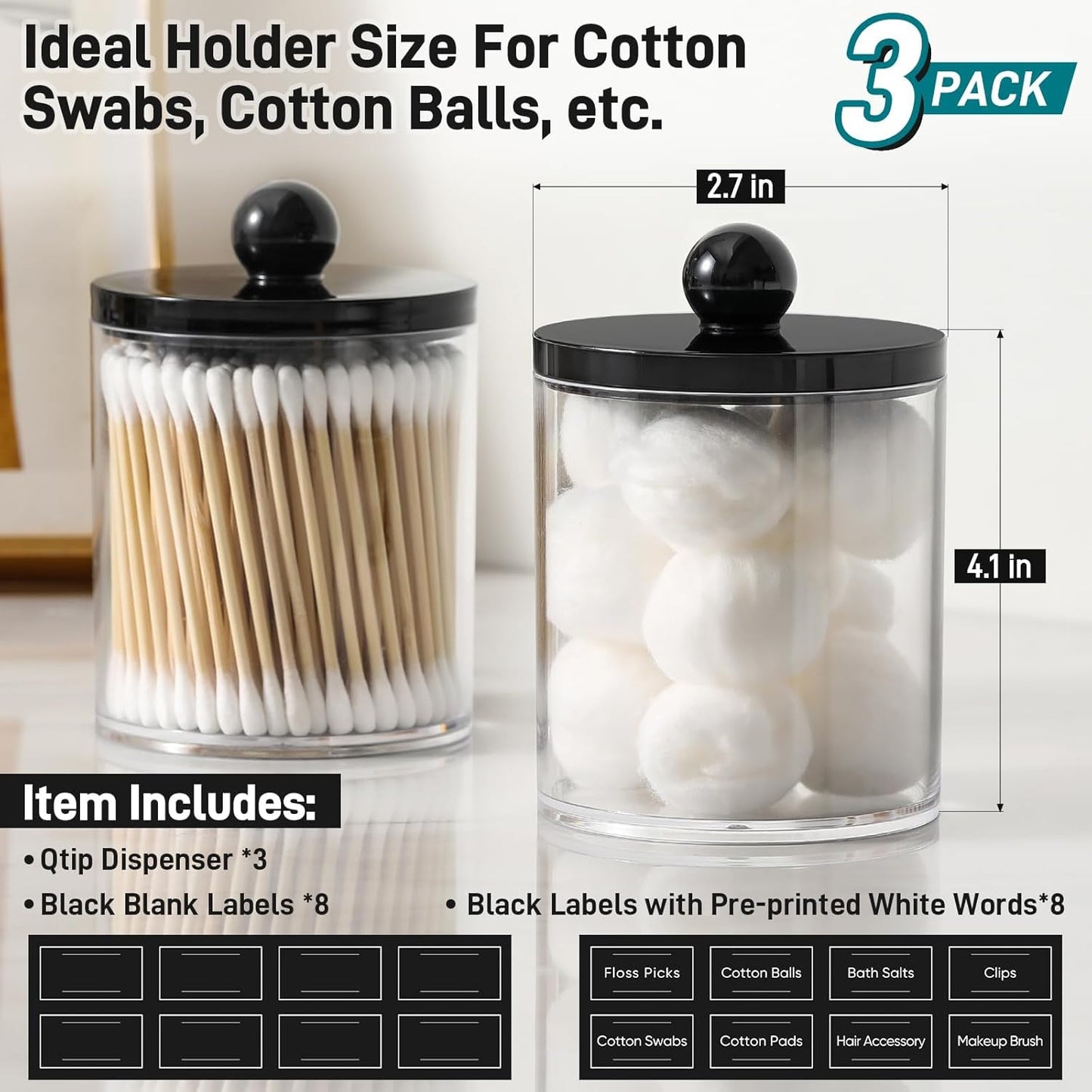 Skiennix Acrylic Qtip Holder Dispenser - 3 Pack Cotton Swab & Makeup Organizer Set | Clear & Black