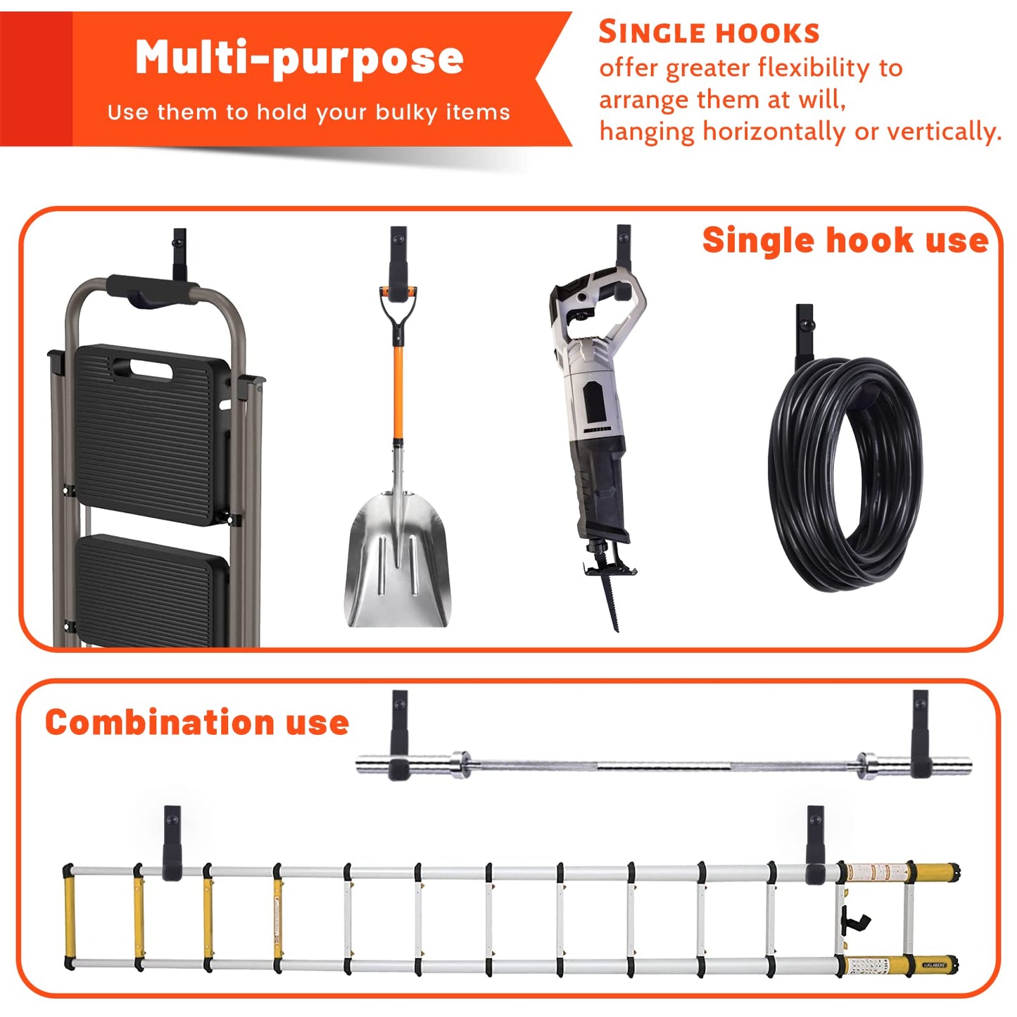SunVFaFa 4 Pack Garage Storage Hooks, Ladder Hangers, Steel Wall Mount Hooks, Utility Hooks for Hanging Heavy Duty Shed Tools, Ropes, Garden Hoses, Shovel, Bulk Items, etc.（88lbs, 4Inch）