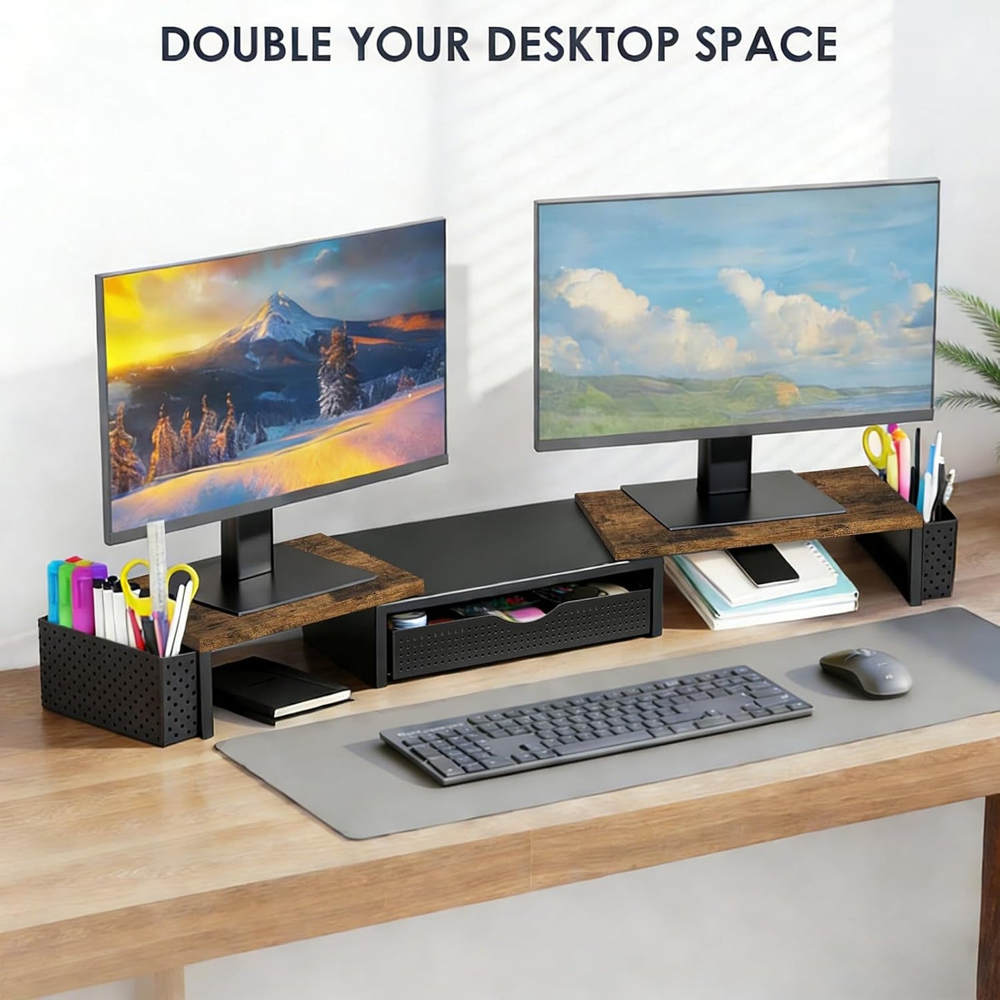 2 Spacrea Metal Desk Organizers and Accessories, Dual Monitor Stand Riser with Drawer and Pen Holders, Desk Accessories