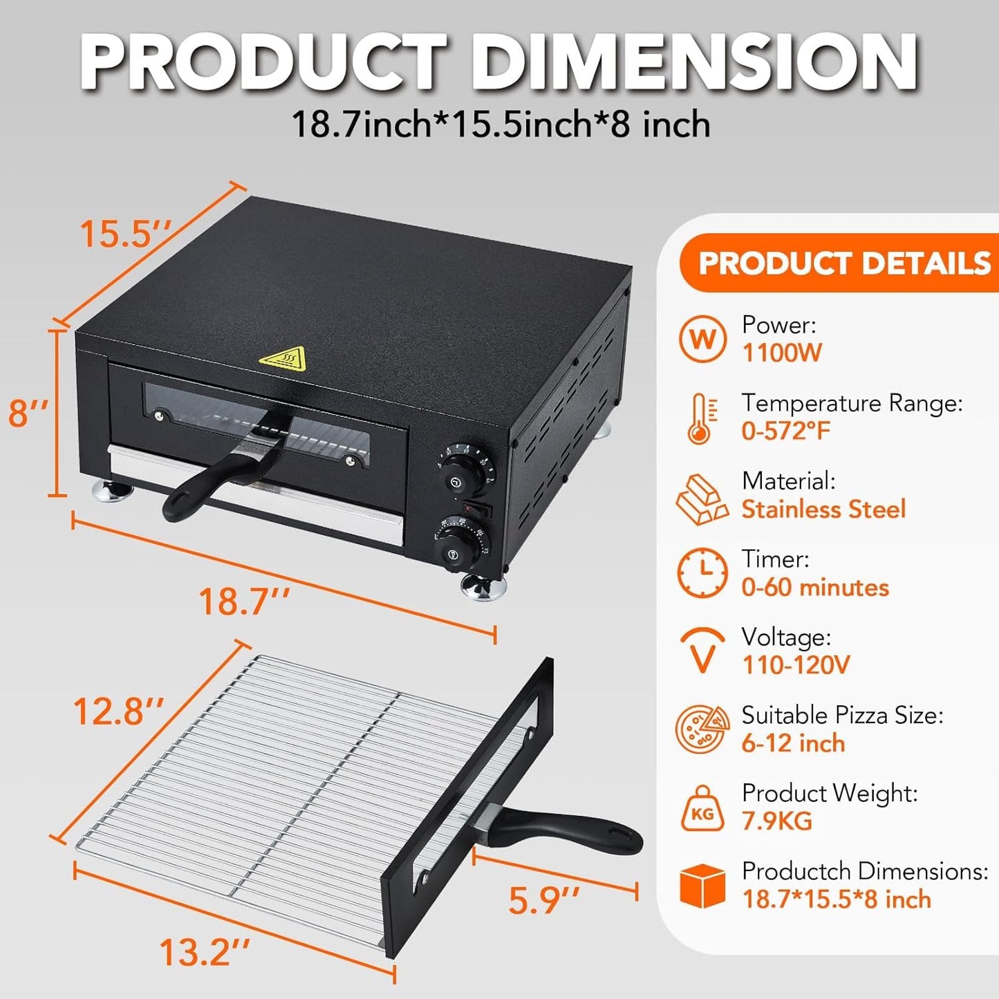 Heavy-Duty 12" Commercial Pizza Oven with Viewing Window | 1100W Stainless Steel Sealed Chamber & Timer | for Fast Food, Catering, Mall Kiosk | Countertop Electric Baking System