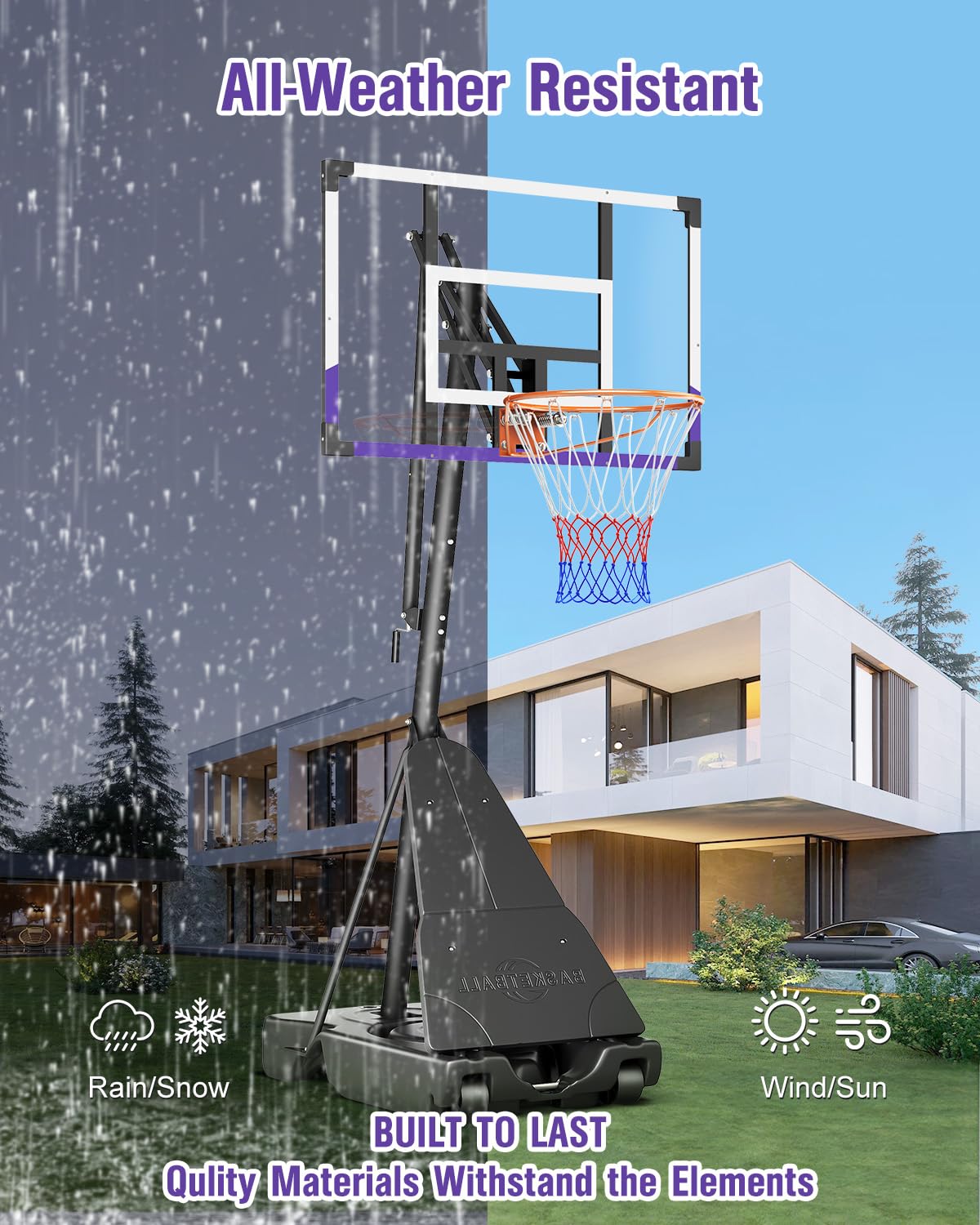 TONBUX Basketball Hoop Outdoor 44 Inch Shatterproof PC Backboard, 5.25-10FT Stepless Adjustable Height, Portable Basketball Hoop for Kids/Teens/Adults in Backyard, Driveway and Indoor