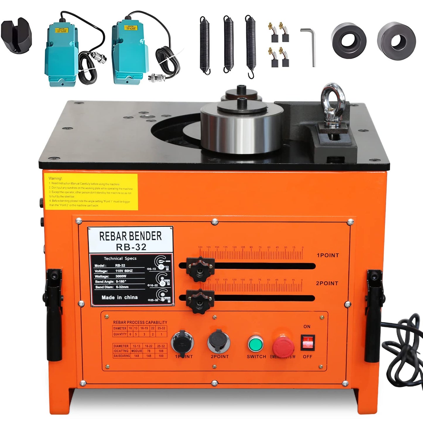 3000W Electric Rebar Bender up to 1.3 inch with Our Electric Bender - Achieve 0-180° Angles, Operate with Convenient Foot Pedal Switch, Powerful 3000W Motor