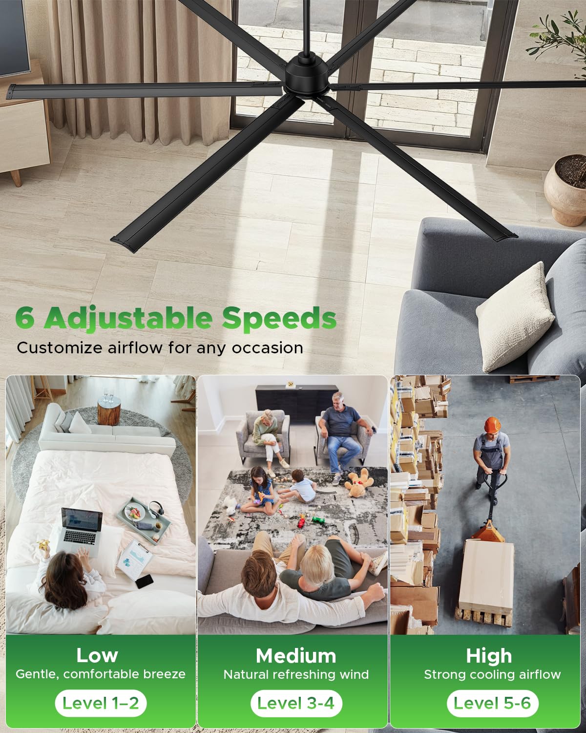 HVLS Large 108 Inch Industrial Ceiling Fan, Big Assed Commercial Ceiling Fan With Remote, Adjustable Height, 8 Blade DC Motor, Ceiling Fan Without Light, Garage Fan For Shop, Porch, Patio, Warehouse