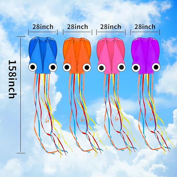 Octopus Kites for Kids & Adults Easy to Fly, 24”x 158” Large Soft Kite Kit for Boys and Girls, Single Line 3D Beach Kite Set for Teens,Perfect for Outdoor Activities