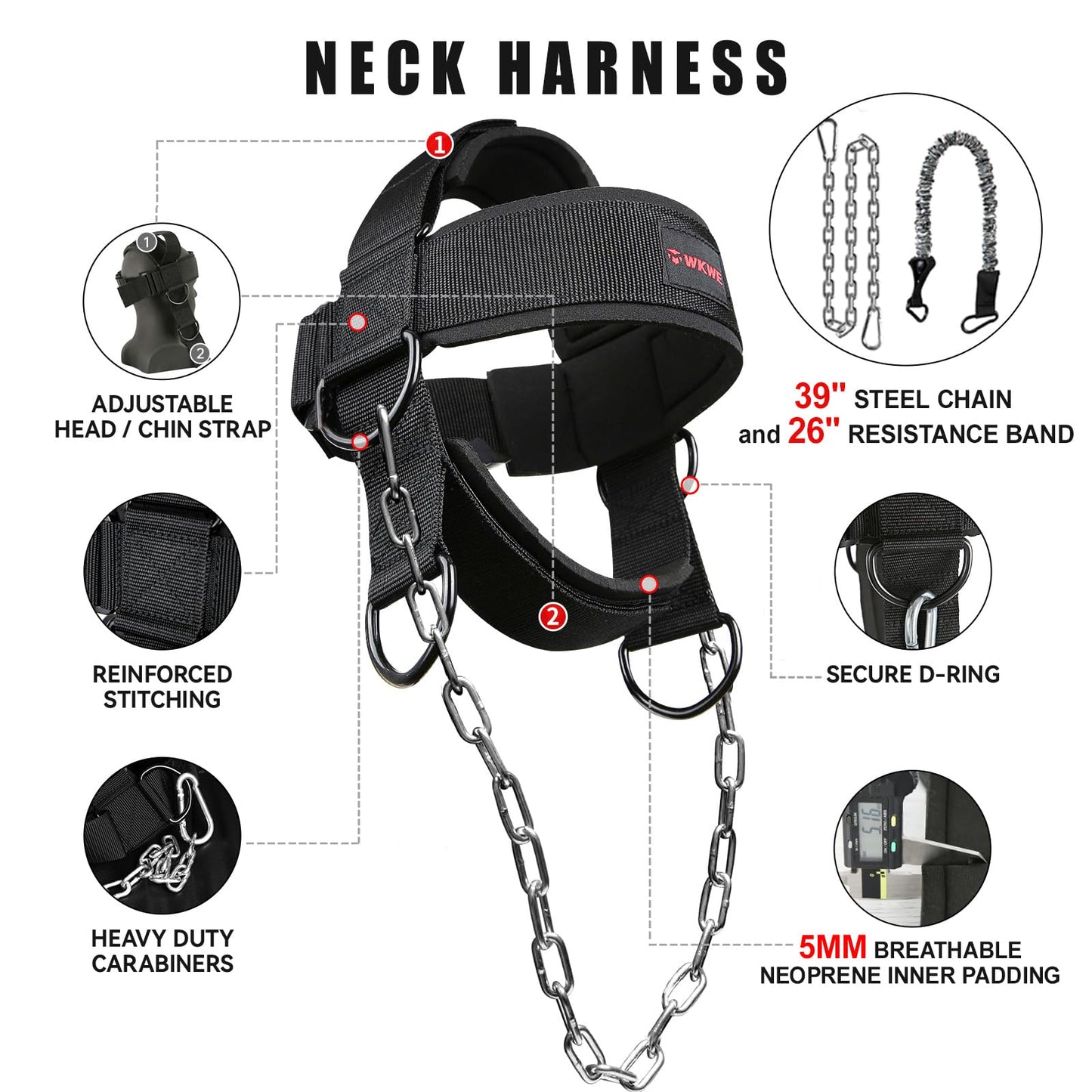 WKWE Neck Harness for Increases Neck Core Strength - Neck Exerciser with 30" Heavy Duty Steel Chain for Safely Lifting Weights Up to 280 lbs, Adjustable Head with Nylon Tether and 2 Carabiners Manually-operated exercise equipment