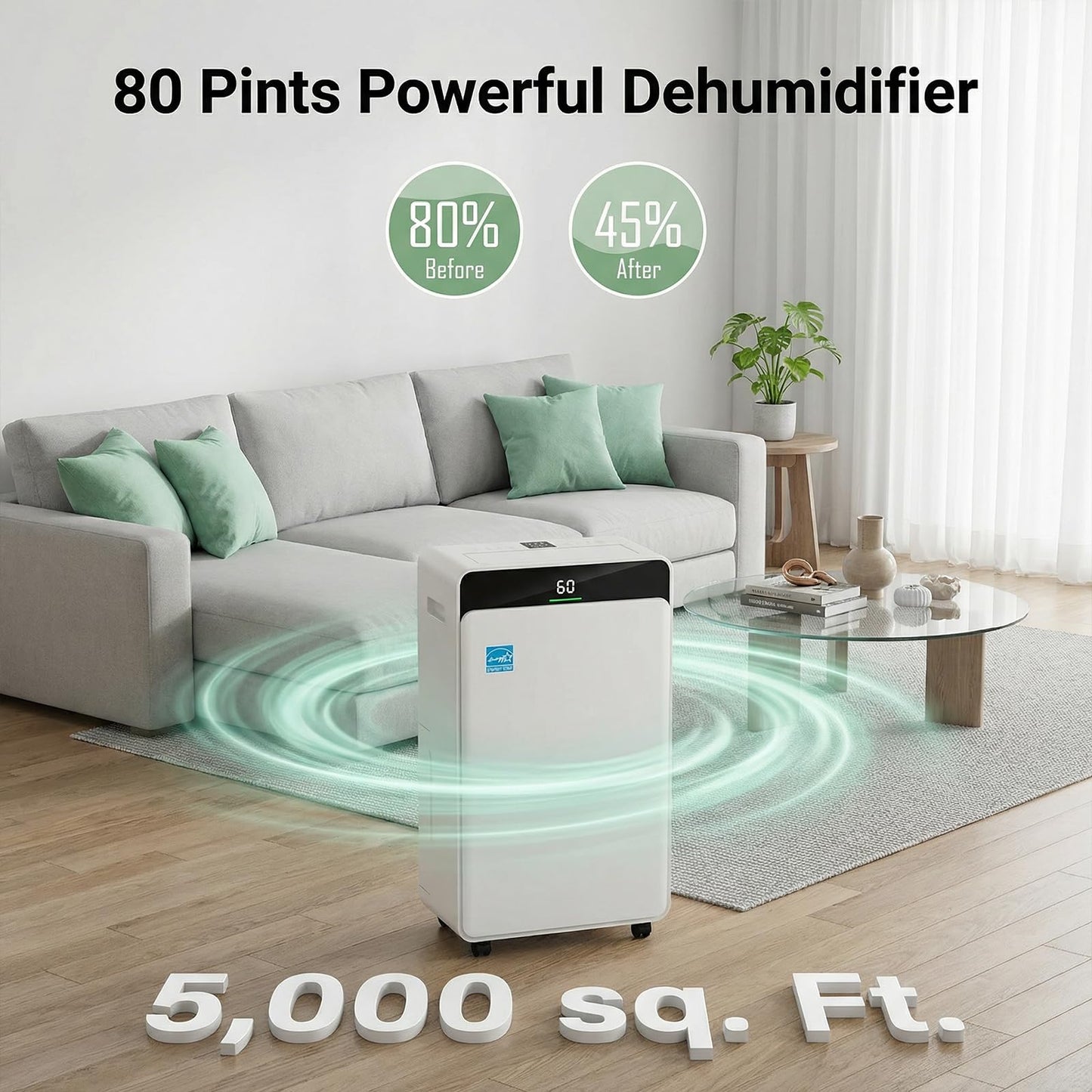 Ludatido 2026 Upgraded ENERGY STAR Dehumidifier, 80 Pint/Day, 5000 Sq.Ft for Whole Home & Basement, 1.72 Gal Tank, 35dB Quiet, Child Lock, Sleep/Fan/Dry Modes, 24H Timer & Auto Continuous Drain