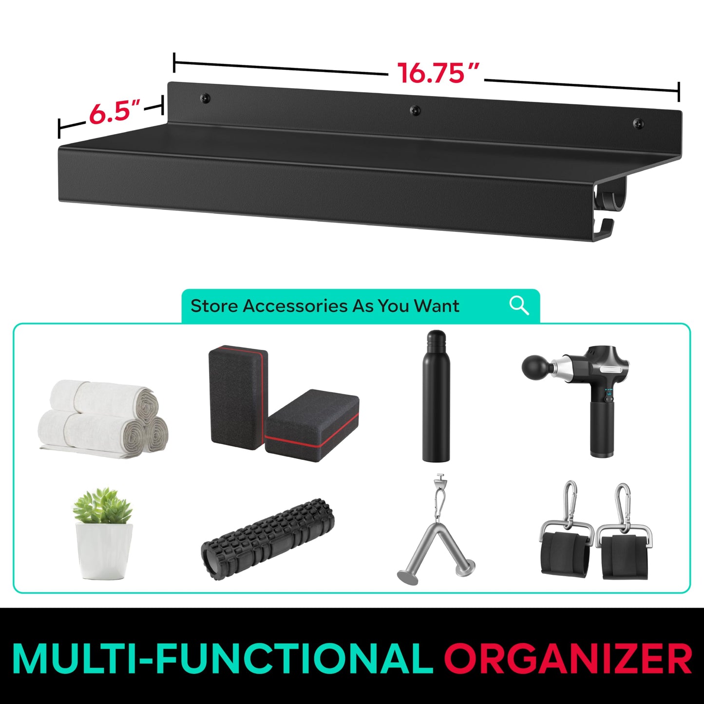 Crostice Metal Shelf Compatible with Tonal Accessories, Floating Shelf Organizer for Home Gym Storage, T-Lock Adapters Bracket Hanger, Gym Rack Wall Mounted with Hooks, Black Workout Holder