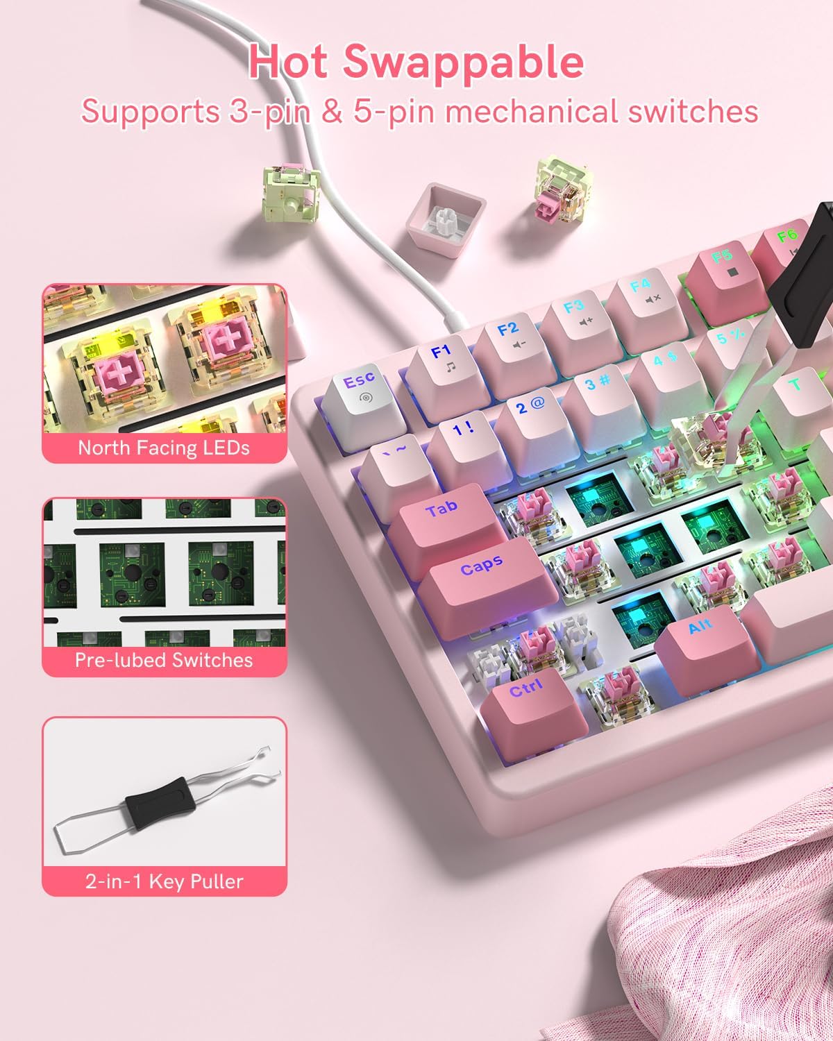 Keyporia VK75 75% Wired Gaming Keyboard with Multimedia Control Knob, Creamy Mechanical Keyboard RGB Backlit Gasket