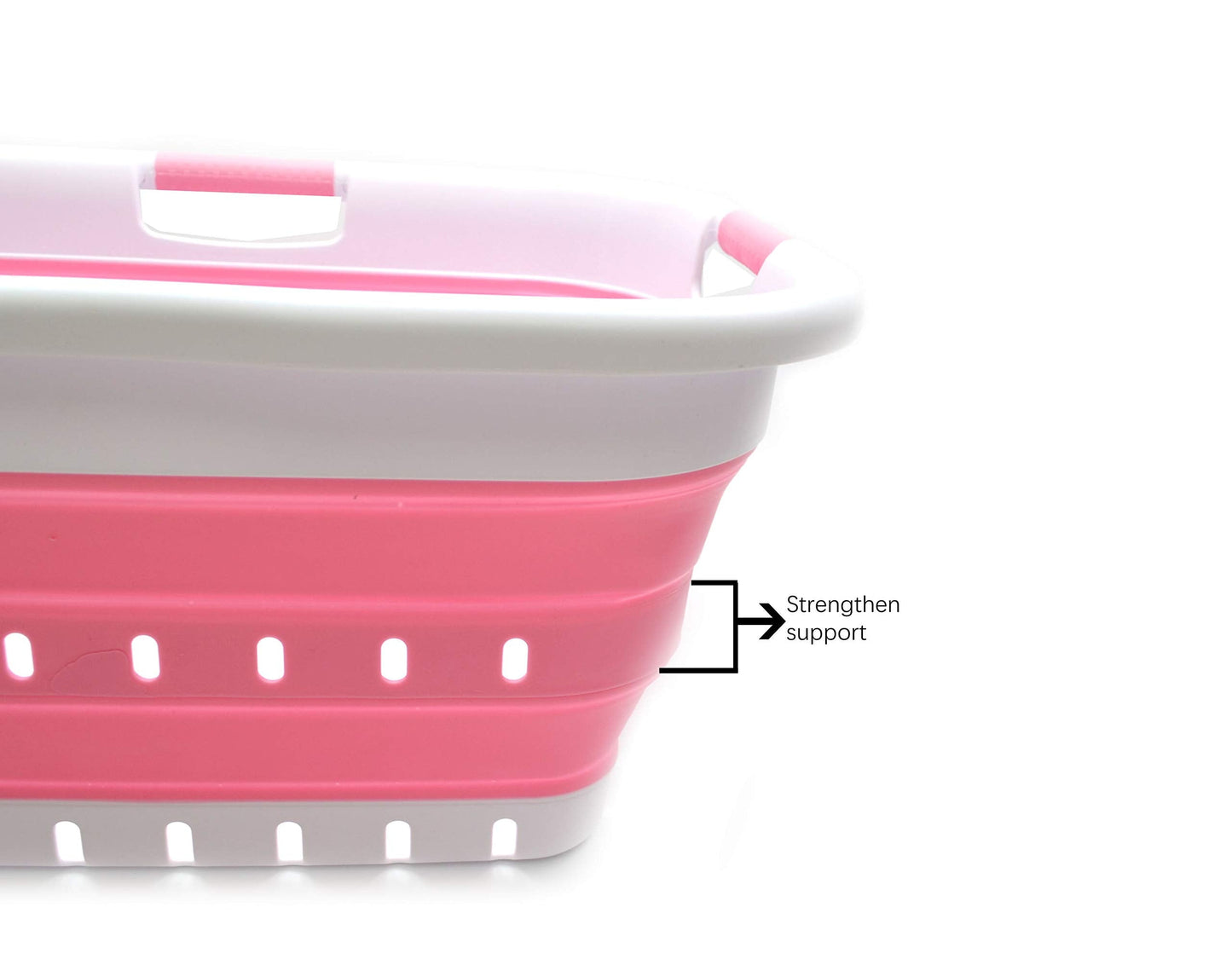 SAMMART 41L Collapsible 3 Handled Plastic Laundry Basket - Foldable Pop Up Storage Container/Organizer - Portable Basket - Space Saving Hamper/Basket (3 handled rectangular, White/Pink)