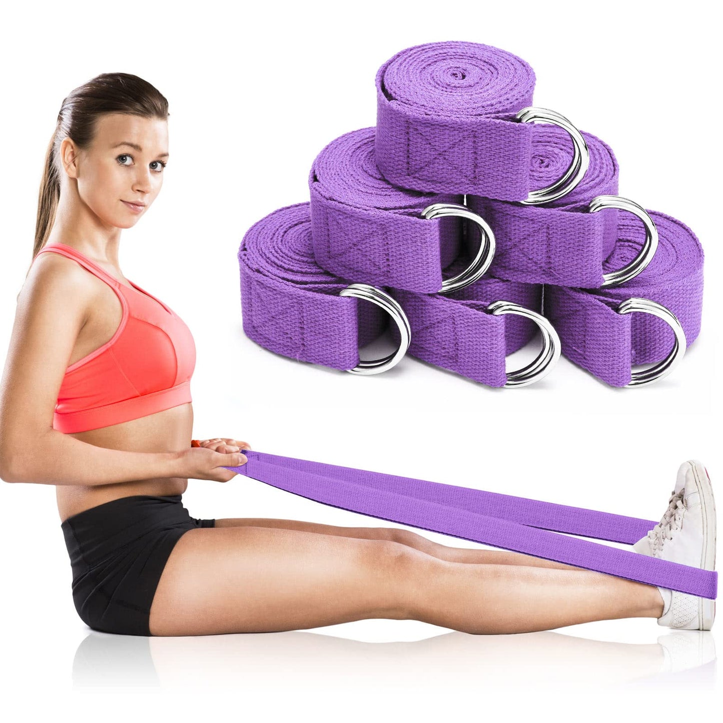 Leyndo 24 Pcs Yoga Strap Stretching Pilates Exercise Adjustable Straps 6 ft Non Elastic Yoga Belt with Adjustable D Ring Buckle for Pilates Gym Workouts Fitness (Purple)