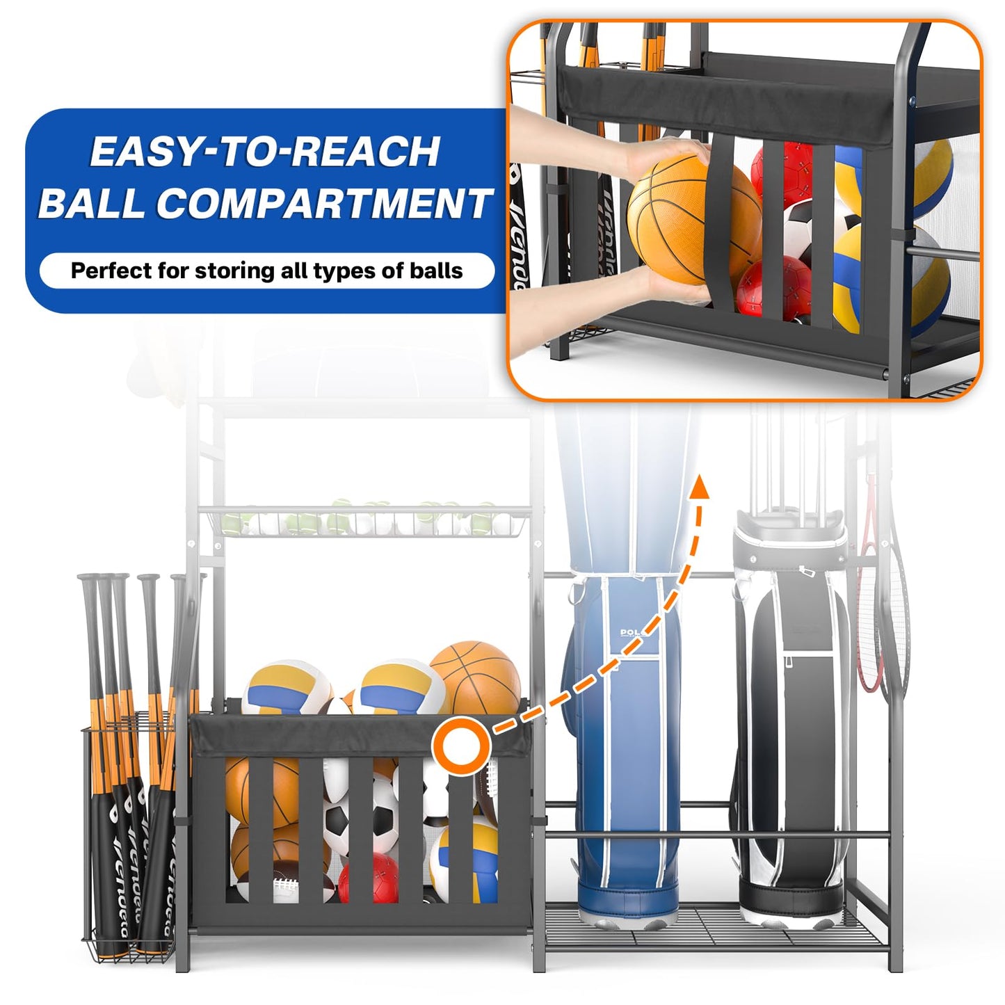 organizelink Heavy Duty Garage Sports Equipment Organizer, All-in-One Golf Bag Storage Rack & Multi-Sport Ball Holder for Basketballs, Bats & Kids Toys, Indoor/Outdoor Free Standing Gear Bin