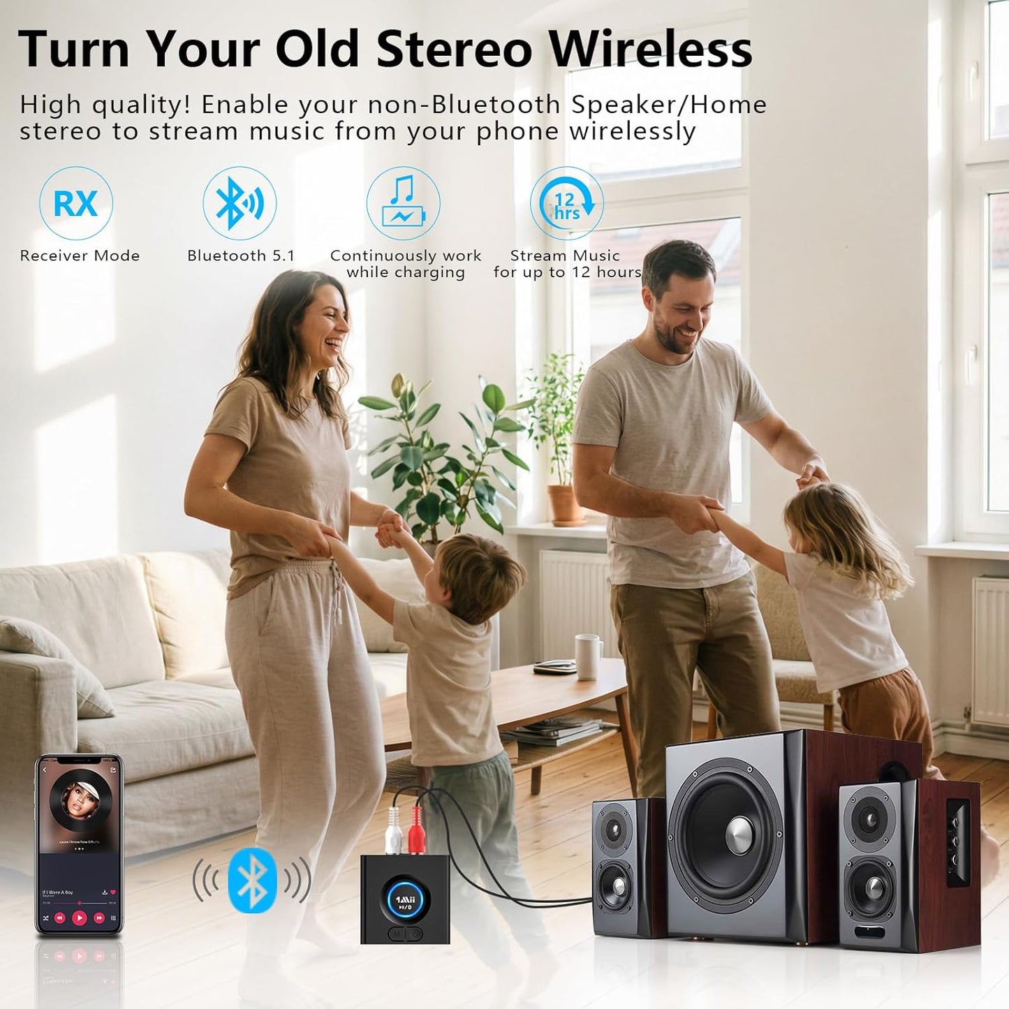 1Mii 12H 5.1 Bluetooth Receiver for Home Stereo, Wireless AUX & RCA Adapter, Dual Device Pairing, Playtime, Bass Boost