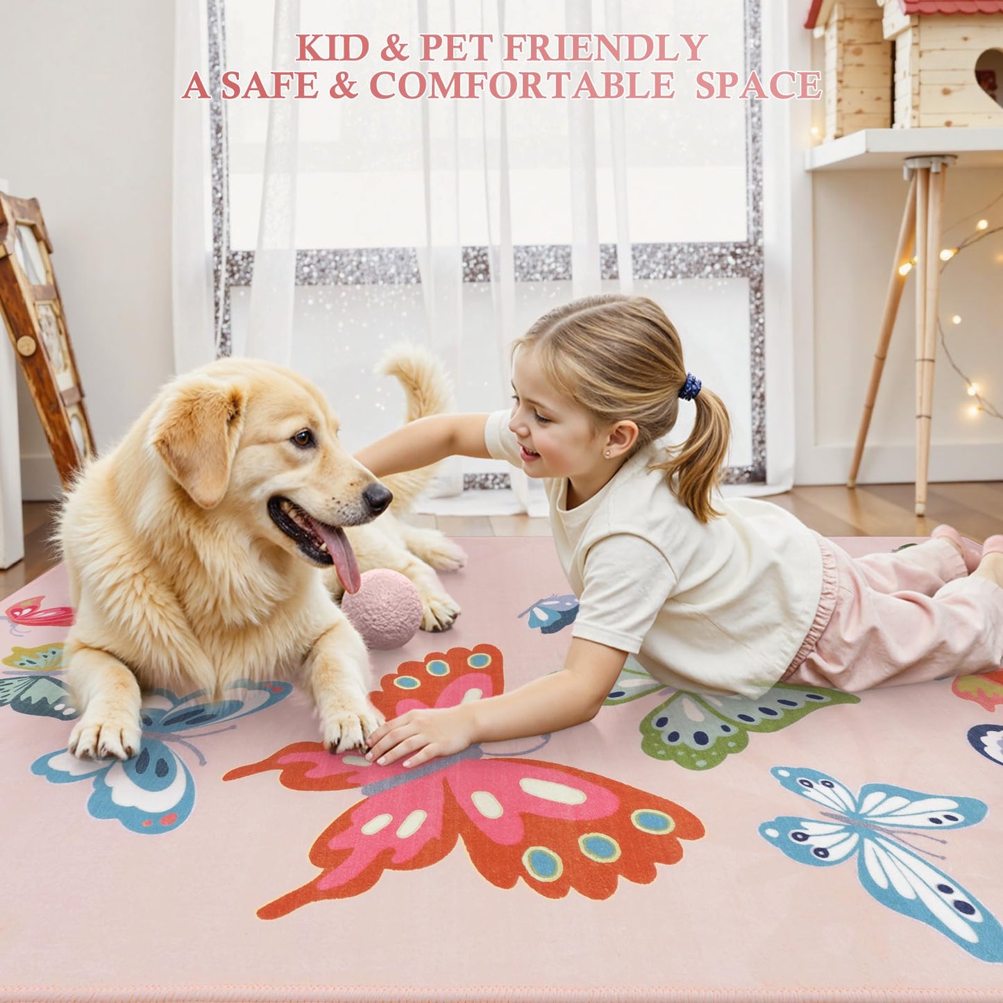 STARUIA Washable Pink Rugs for Girls Bedroom, 5x7 Soft Butterfly Rug Kids Rugs for Playroom Nursery, Non Slip Baby Toddler Carpet for Kids Room Daycare Tent Dorm Castle Indoor Decor