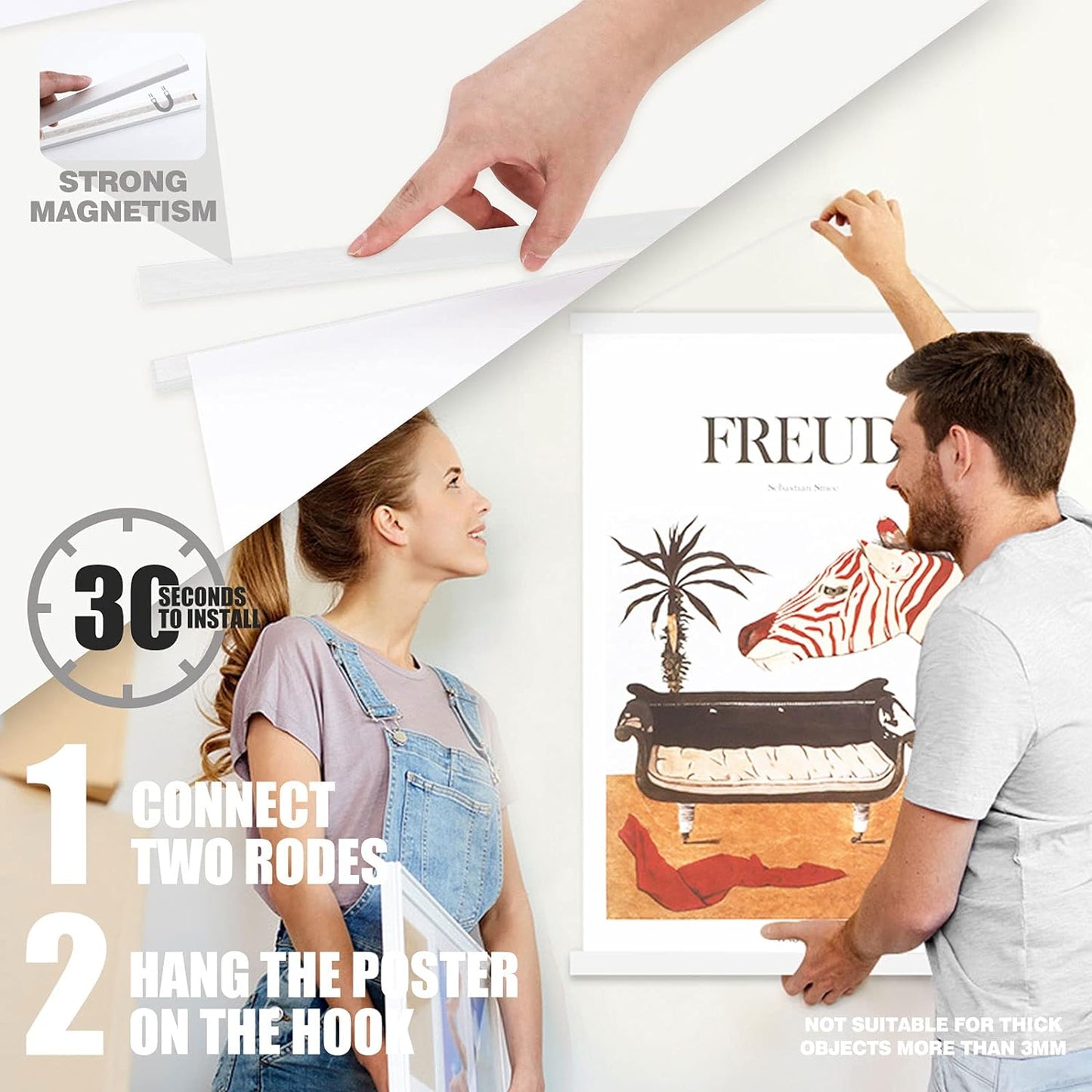 Ywlake Magnetic Poster Hanger - Wood Frame for 9x12, 9x14, 9x17 Prints | Easy Wall Display (White, 9")