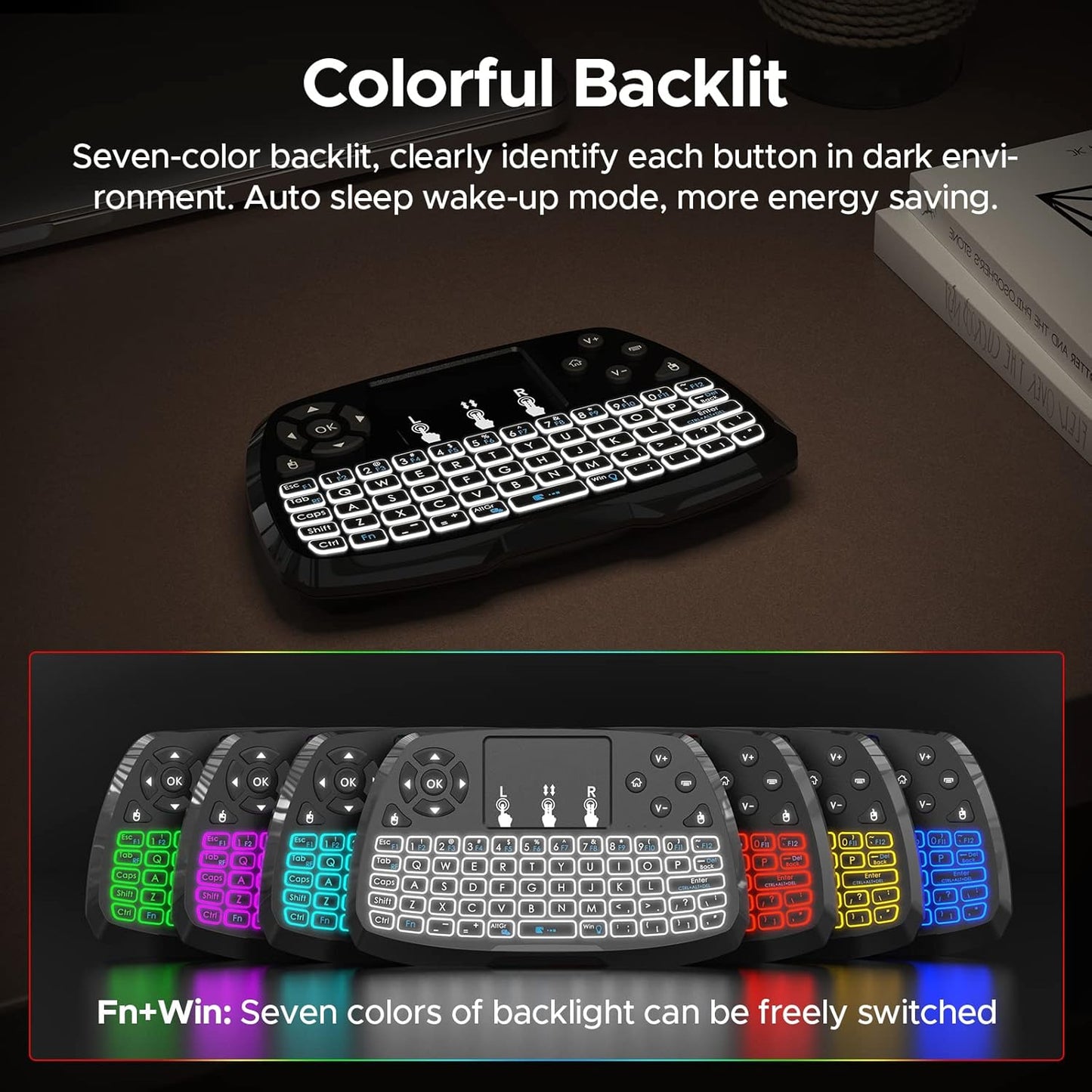Miritz A3 -2.4GHz 7-Clolor TV/PS4/MacOS/Tablet Mini Keyboard with Touchpad & Bluetooth Dual-Mode, Backlit