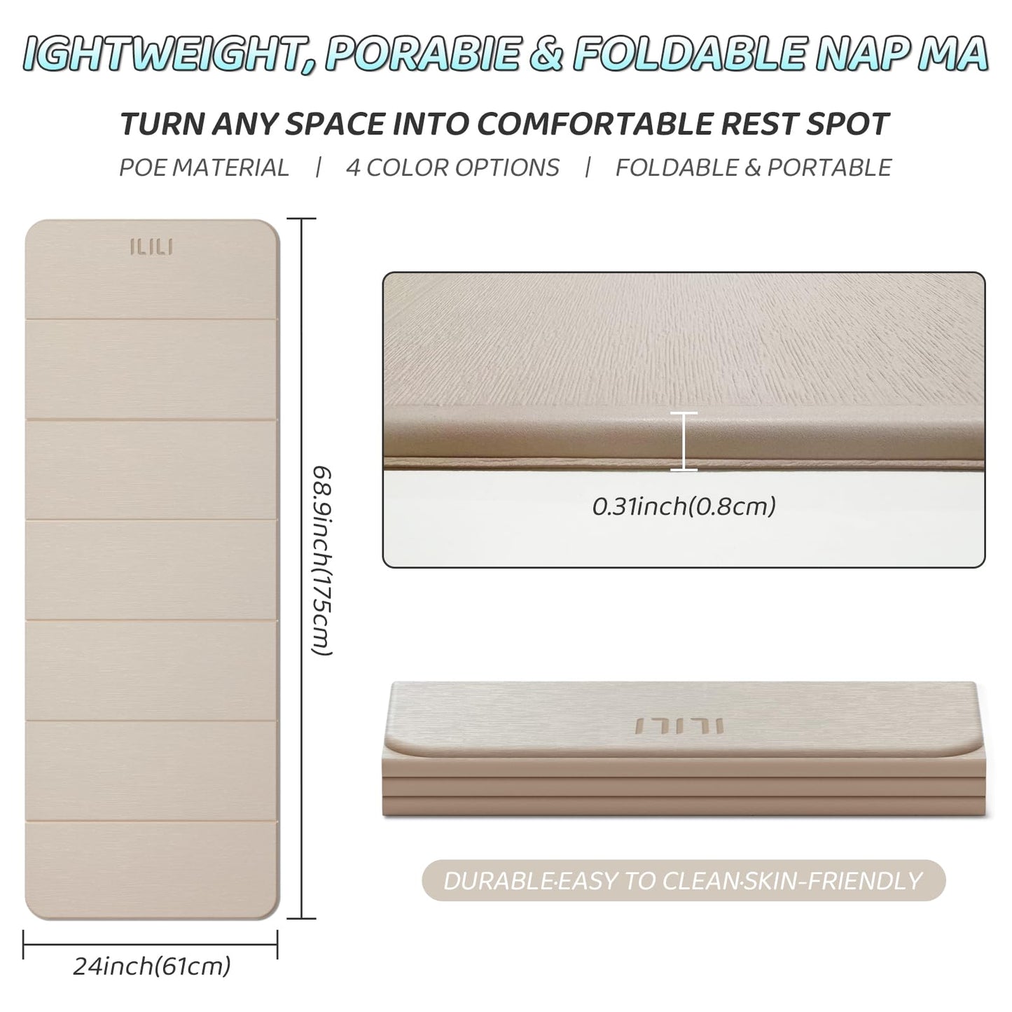 ILILI Foldable Yoga Mat 71 * 24 * 0.3'' - TPE Non-Slip Fitness Mat for Home，Waterproof & Lightweight (2lb) for Home Gym, Pilates & Stretching,Fitness Workouts (Beige)