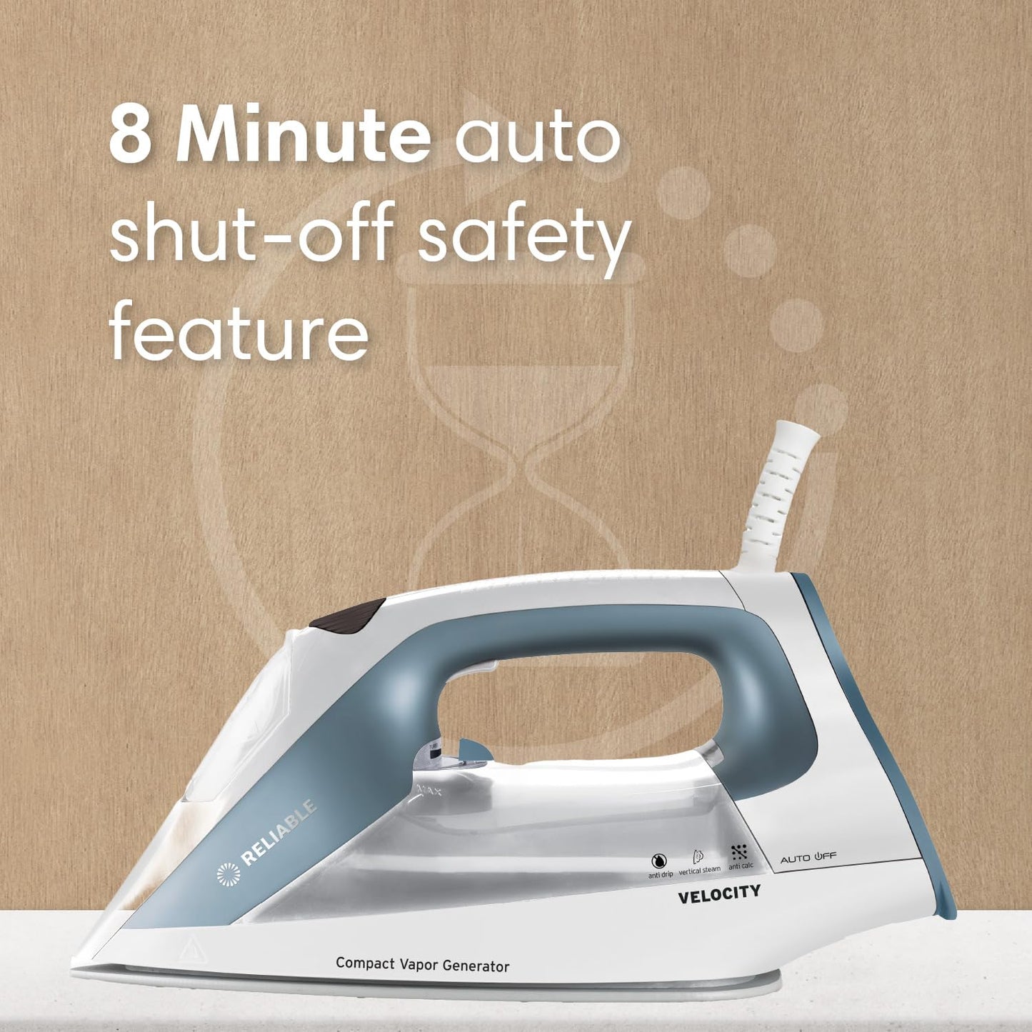 Reliable Velocity 180IR Steam Iron for Sewing, Quilting and Clothes, 1800 Watts Compact Vapor Generator, Leak Free Continuous Steam, Variable Steam Dial, Ceramic Soleplate with Three Heat Settings