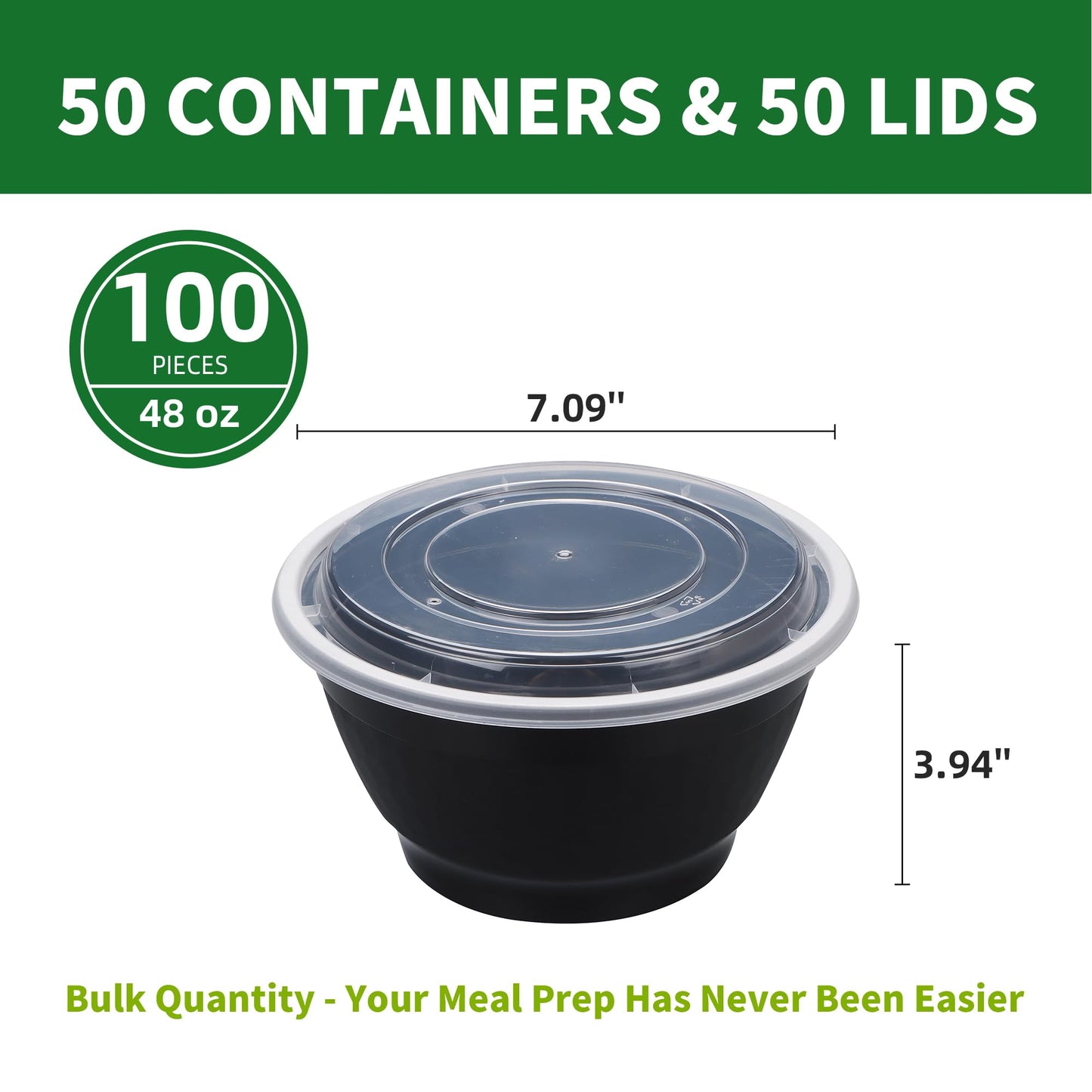 Apsic Meal Prep Bowls Containers, 50 Sets 48oz (100-Piece) Plastic Bowls with Lids for Soup Salad, Disposable To Go Food Storage Container, Round Lunch Box, BPA Free, Microwave/Dishwasher/Freezer Safe