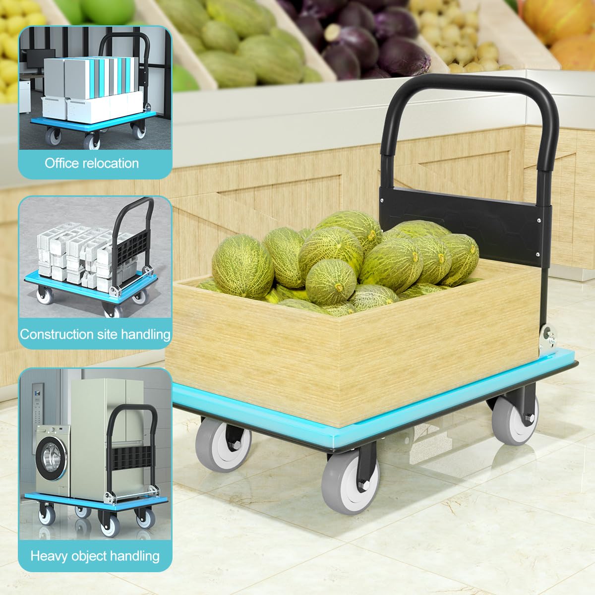 WUD Push Cart, Folding Mobile Platform Trolley,Thickened and Reinforced, 360° Swivel Wheels,30.3 “L x 19.7 ”W, 900 lb.Blue Dolly cart with Wheels